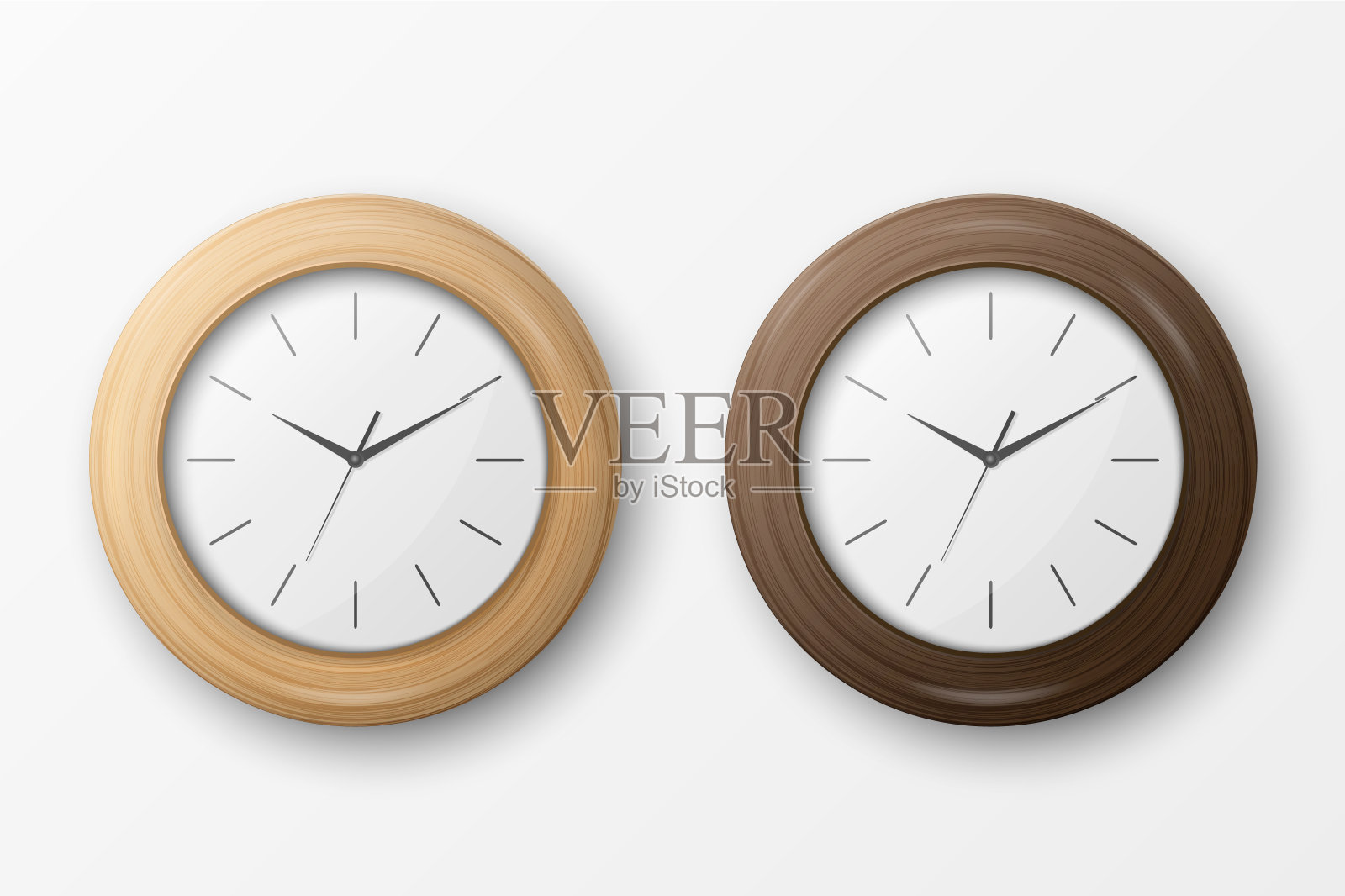 矢量3d现实简单的圆形木墙办公室时钟与白色拨号图标设置特写孤立在白色背景。设计模板，模型的品牌，广告。前视图或俯视图插画图片素材