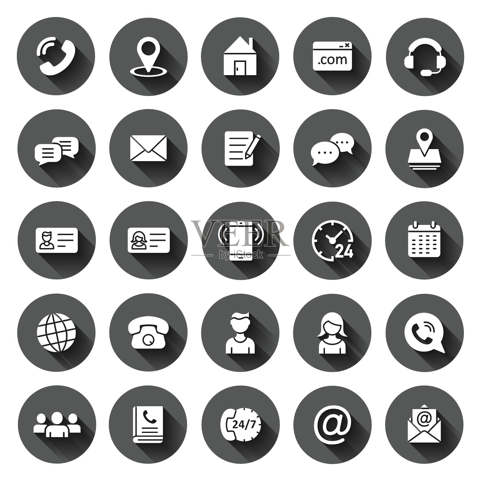 联系人图标设置在平面风格。电话通信矢量插图上的黑色圆形背景与长阴影效果。网站设备圈按钮经营理念。图标素材