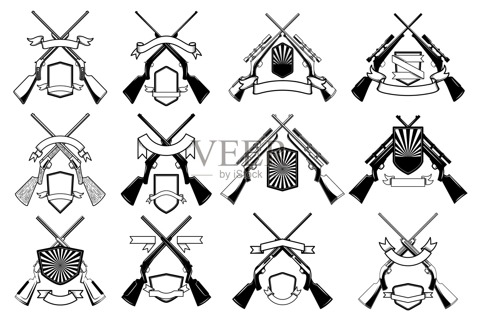 一套带有猎枪和步枪的狩猎标志。会徽、标志、海报、卡片、横幅的设计元素。矢量图插画图片素材