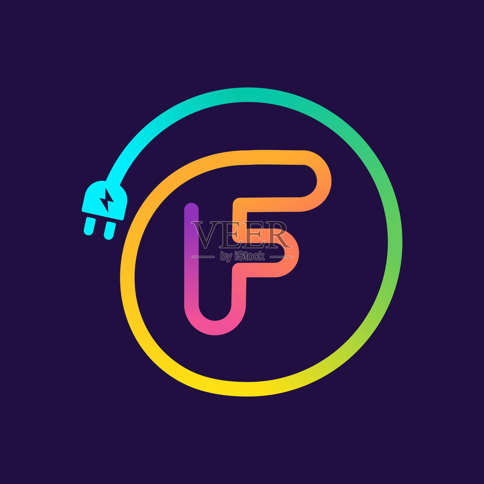 标志F字母在一个圈内用插头连接适配器电缆。插画图片素材