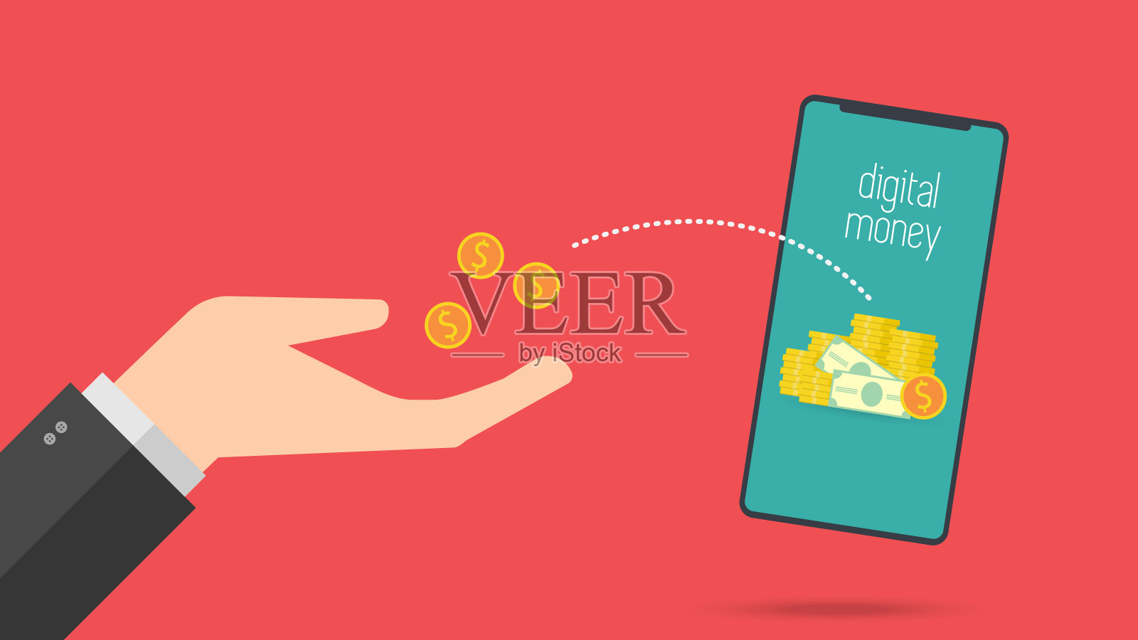 进行数字货币转账。商业金融，网上货币数字转账银行概念插画图片素材