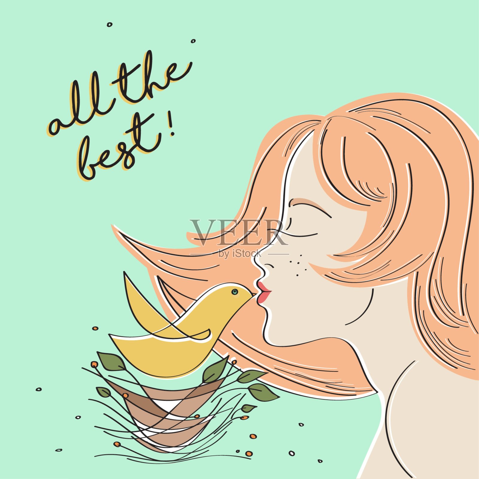 一个红头发、长着雀斑的年轻姑娘正在吻一只小鸟。彩色插图。设计模板素材