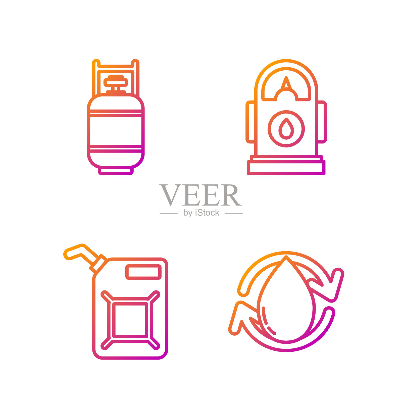 设有油滴、汽油罐、丙烷气罐、加油站等管线。渐变颜色图标。向量图标素材