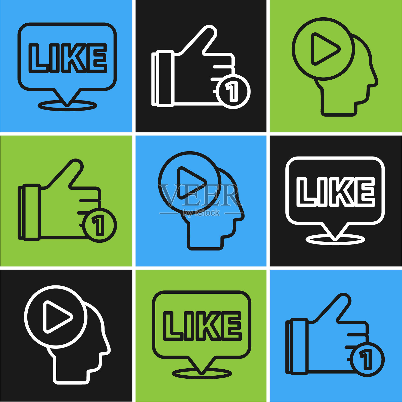 设置线条像在语音气泡，头的人与播放按钮和手喜欢图标。向量图标素材