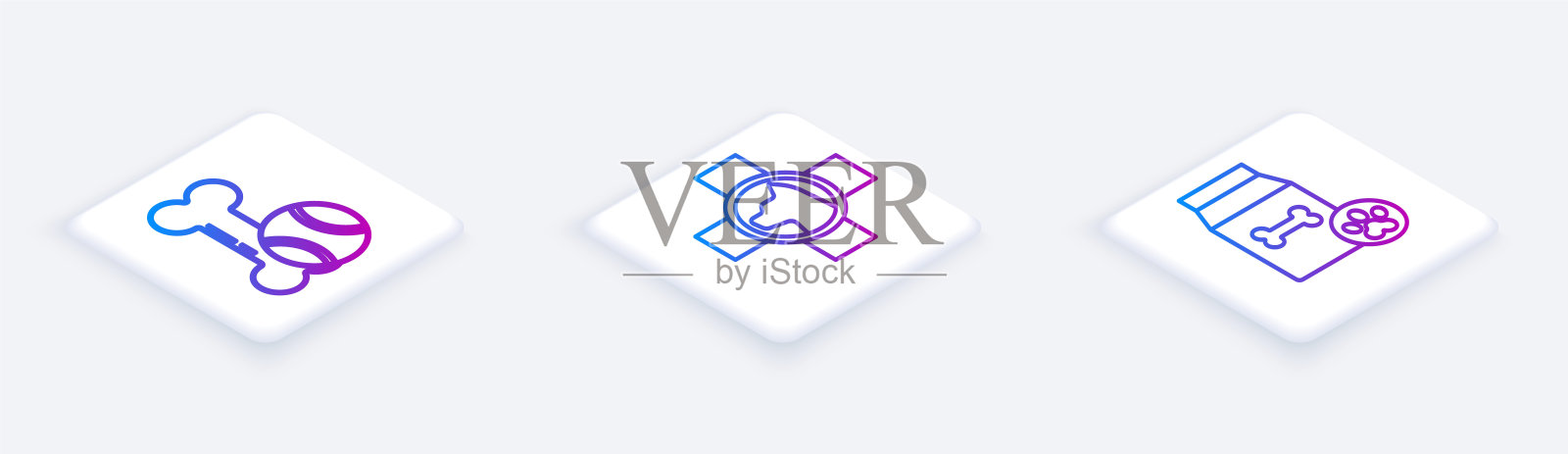 宠物玩具、骨胶球、兽医诊所标志、宠物食品袋等等距线。白色正方形按钮。向量插画图片素材