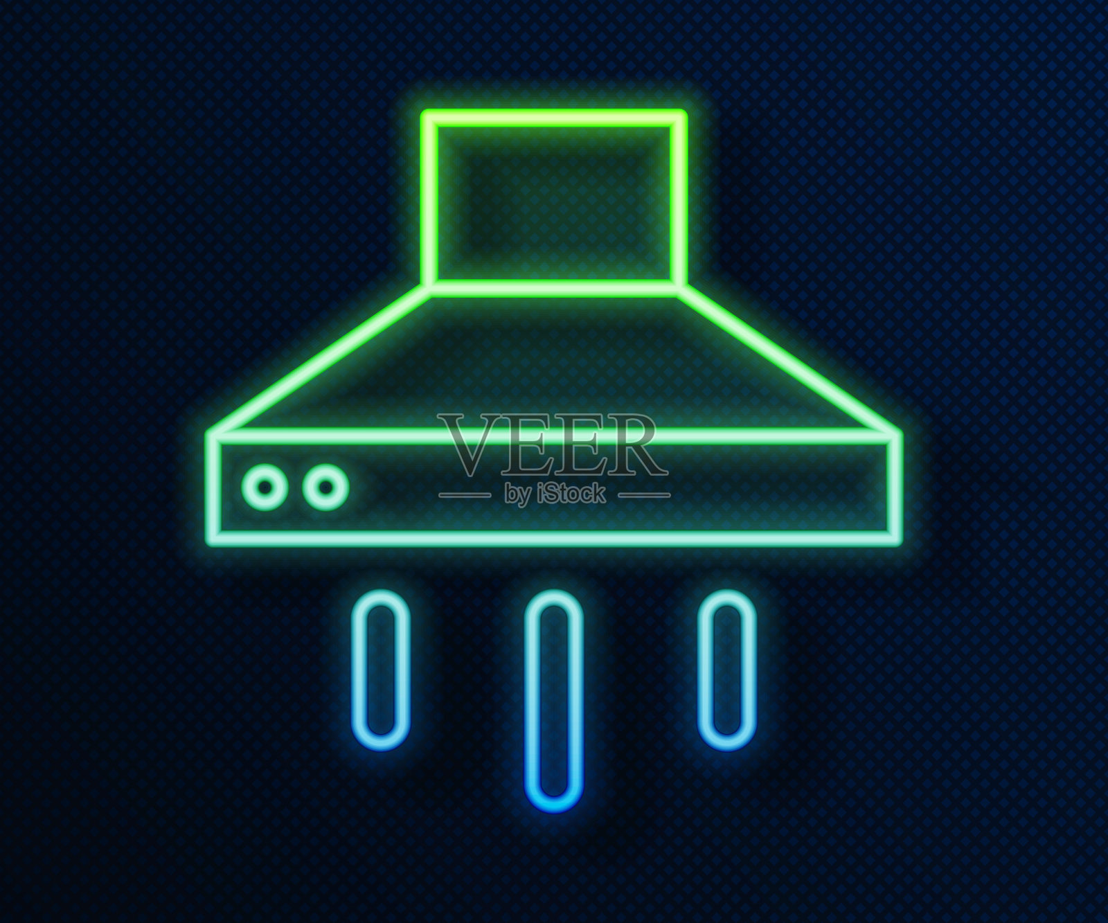 霓虹灯线厨房提取风扇图标孤立在蓝色背景。炊具罩。厨房排气。家用电器。向量插画图片素材