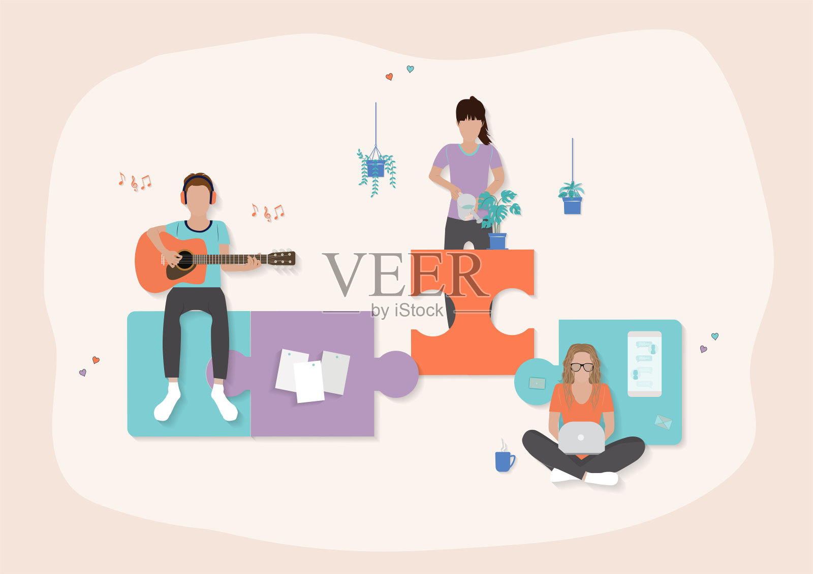 人们将谜题元素联系起来。自由职业者在家远程工作在任何你想要愉快的地方工作插画图片素材