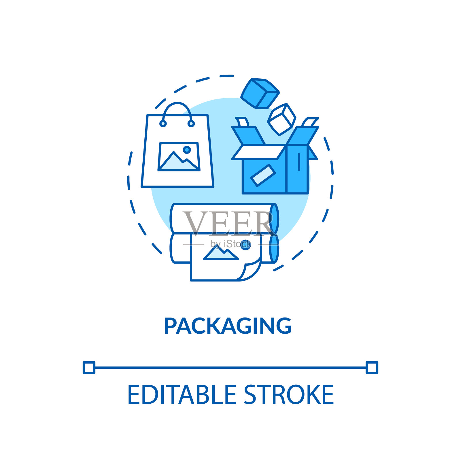 包装设计工作室概念图标。礼品包装创意细线插图。包装纸、袋、纸箱制造。矢量隔离轮廓RGB彩色绘图。可编辑的中风插画图片素材