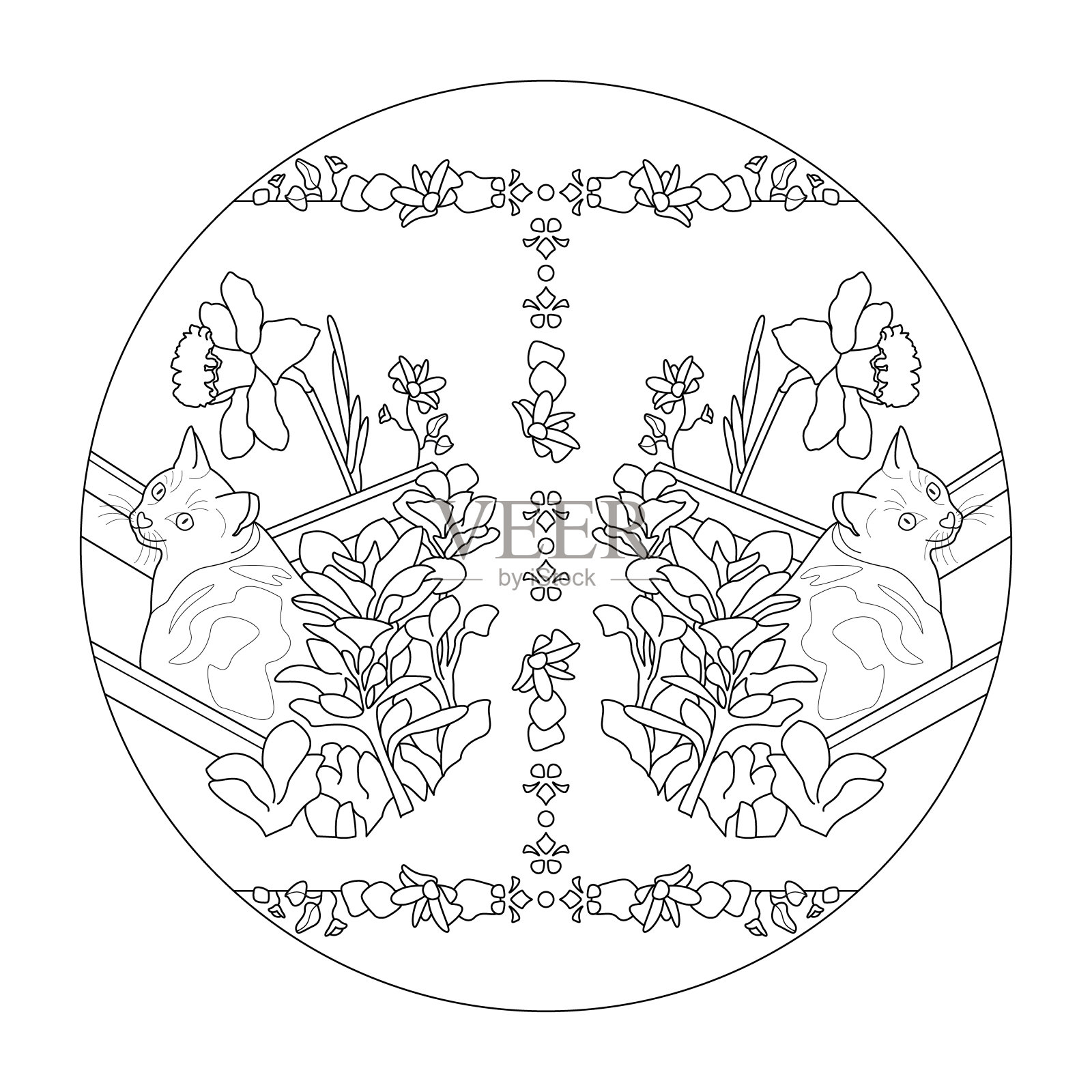 猫曼荼罗涂色页。插画图片素材