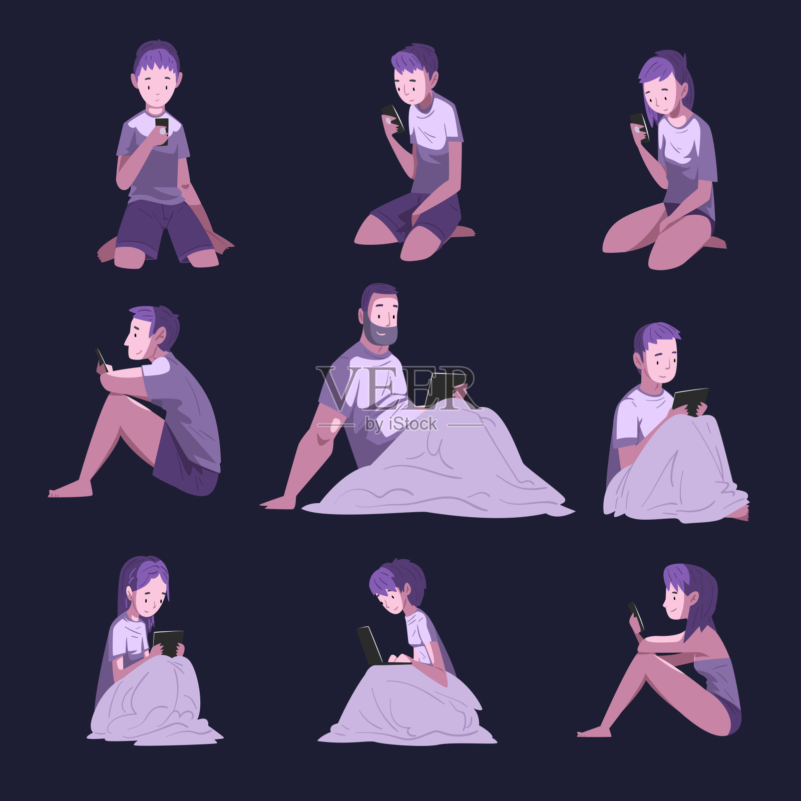 人们使用数字小工具在晚上收集，男性和女性玩在线视频游戏或聊天在社交网络矢量插图插画图片素材