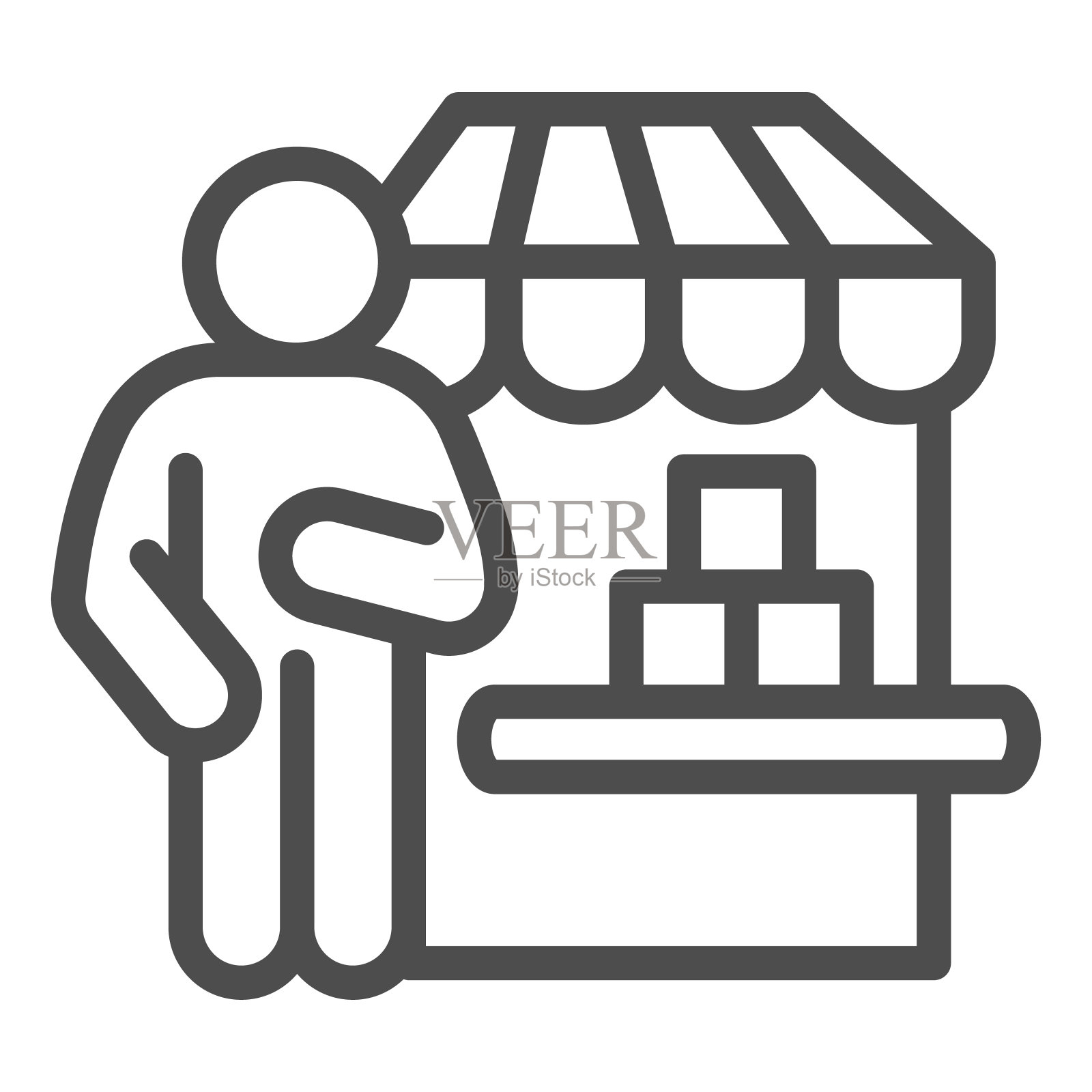 买家在商店线图标，市场概念，购物者与购物盒标志在白色背景，客户在商店图标轮廓风格的移动概念和网页设计。矢量图形。插画图片素材