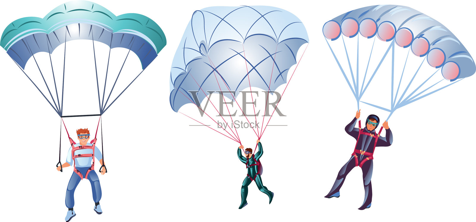 设置三个不同的彩色跳伞运动员设计元素图片