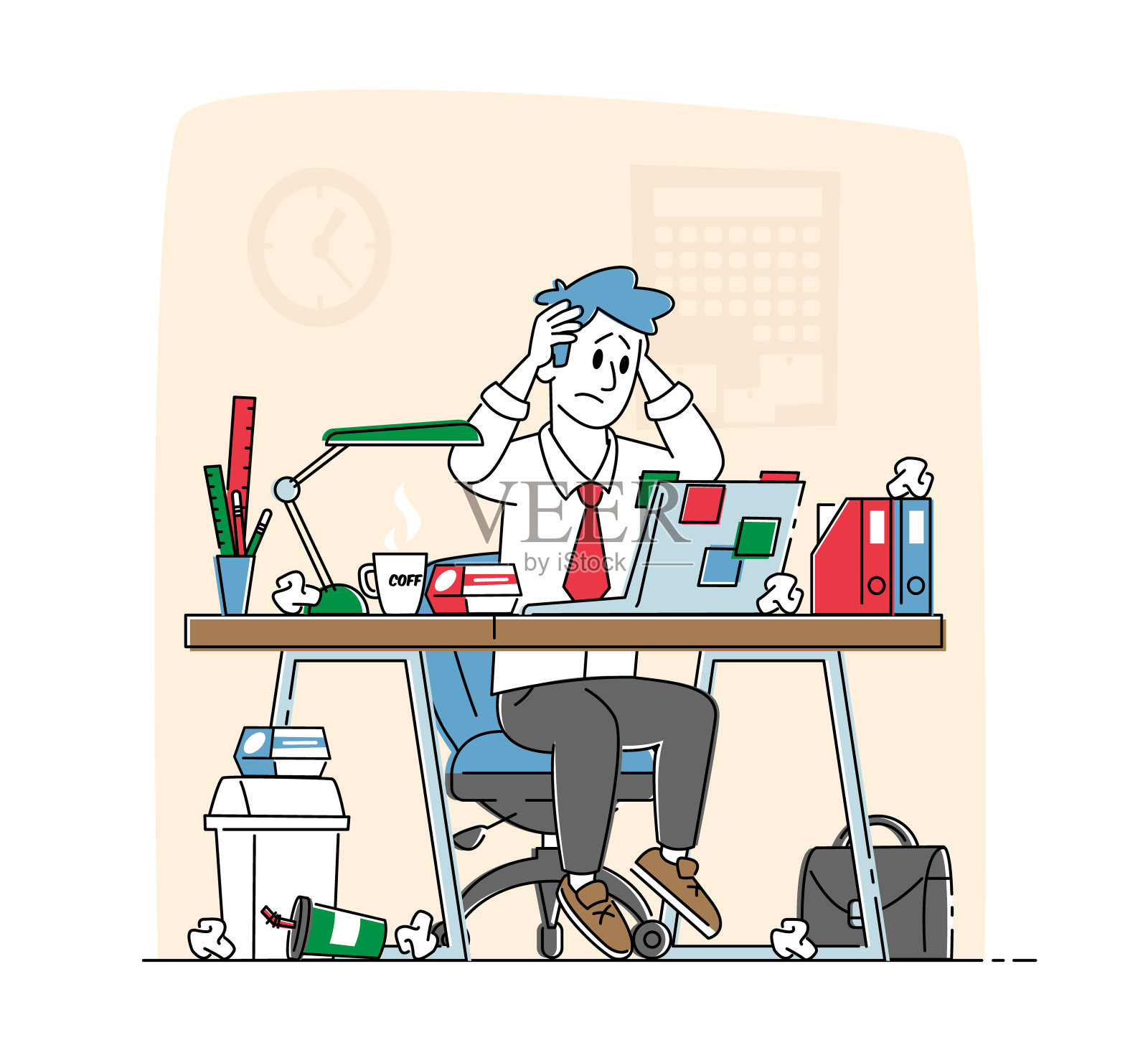 商人压力和挫折的概念。疲惫而紧张的上班族坐在办公桌前，手捧着笔记本电脑，双手扯着头发。线性角色矢量图插画图片素材