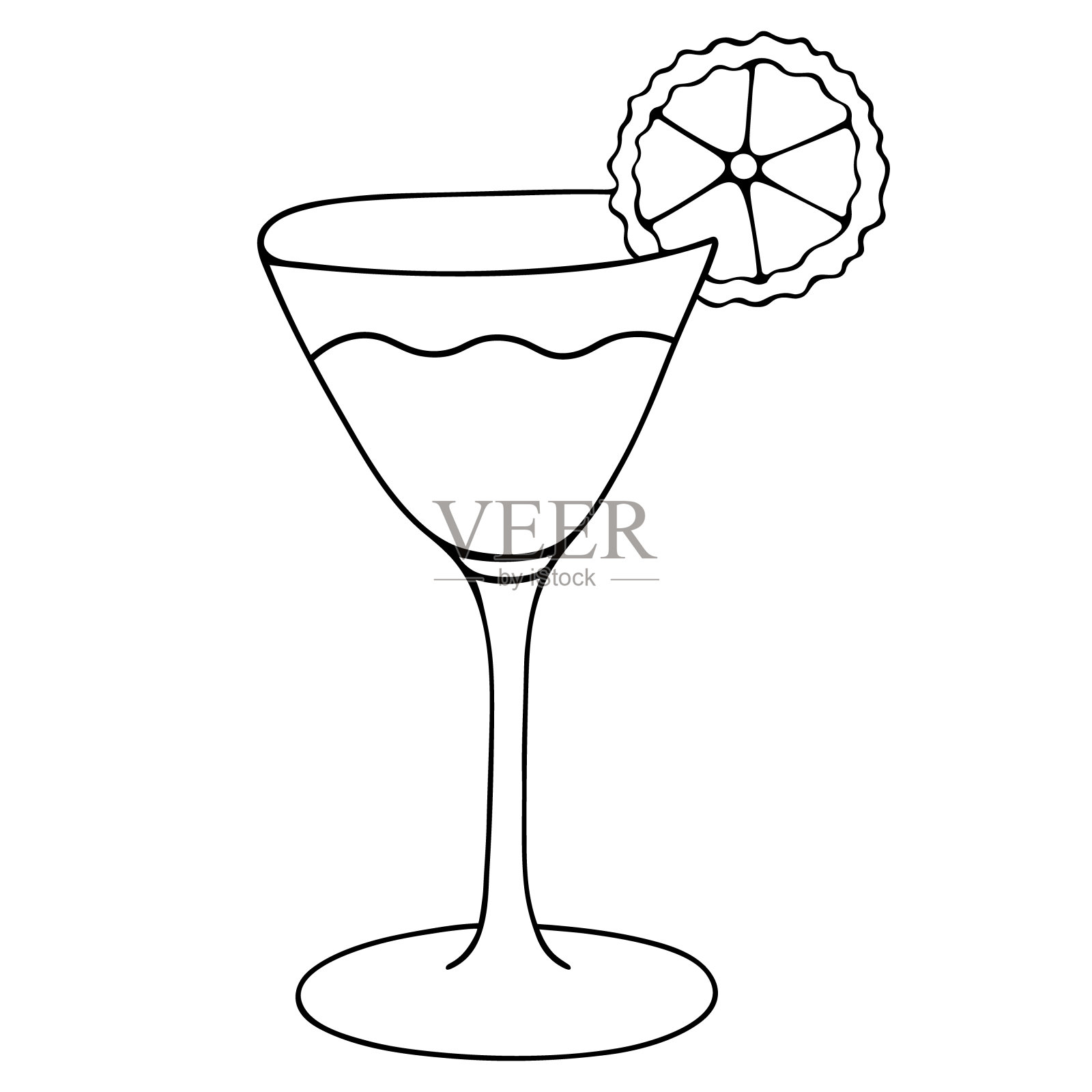 一个清凉的鸡尾酒。马提尼加一片酸橙。矢量插图。装有酒精饮料的杯子。草图。开胃酒。在孤立的白色背景上勾画轮廓。涂鸦风格。中等强度的葡萄酒，有香草，水果和浆果。插画图片素材