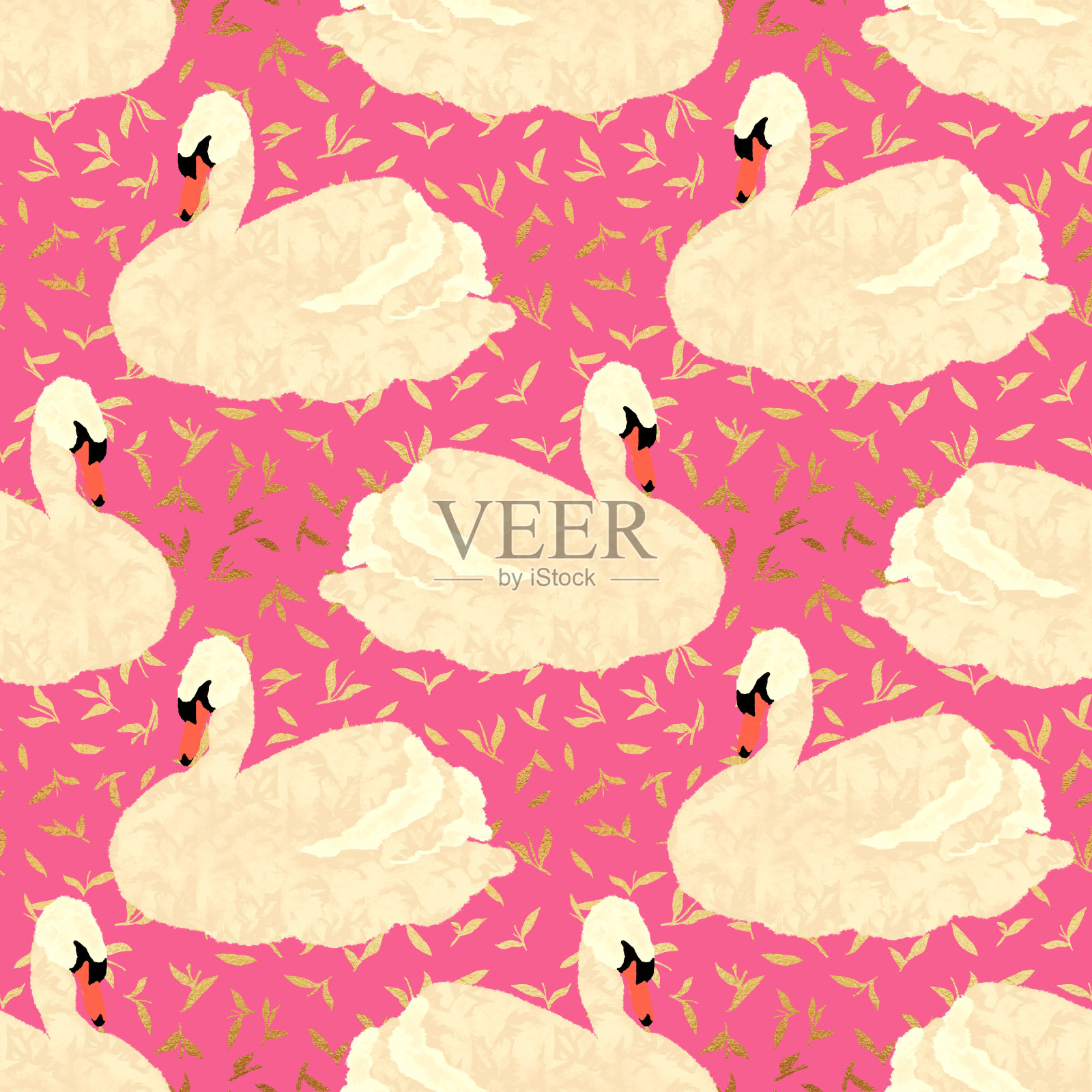 天鹅和树叶的无缝图案，用于请柬和明信片。插画图片素材