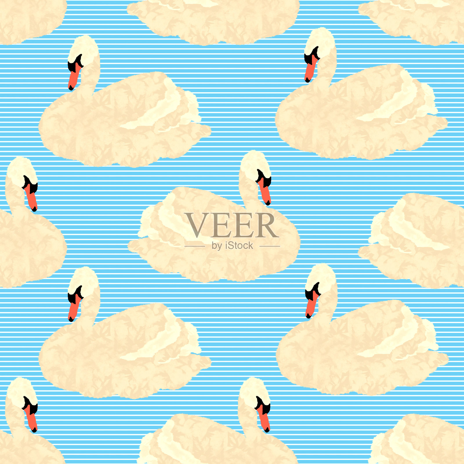 无缝图案与天鹅在蓝色条纹的背景插画图片素材