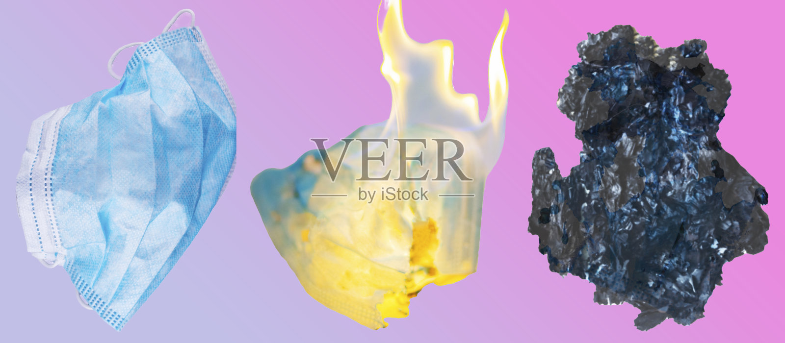 检疫完成概念。皱巴巴的，燃烧着的外科口罩和灰烬。销毁医用防护口罩。检疫完成。梯度照片摄影图片