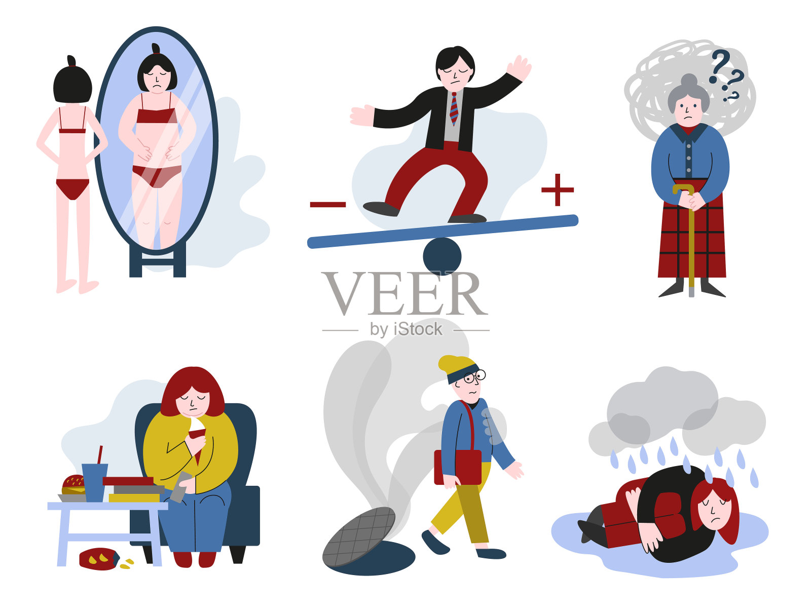 厌食症，暴食症，抑郁症，饮食和躁郁症，妄想症，恐慌症发作，痴呆。精神疾病概念，行为问题和精神状况。插画图片素材