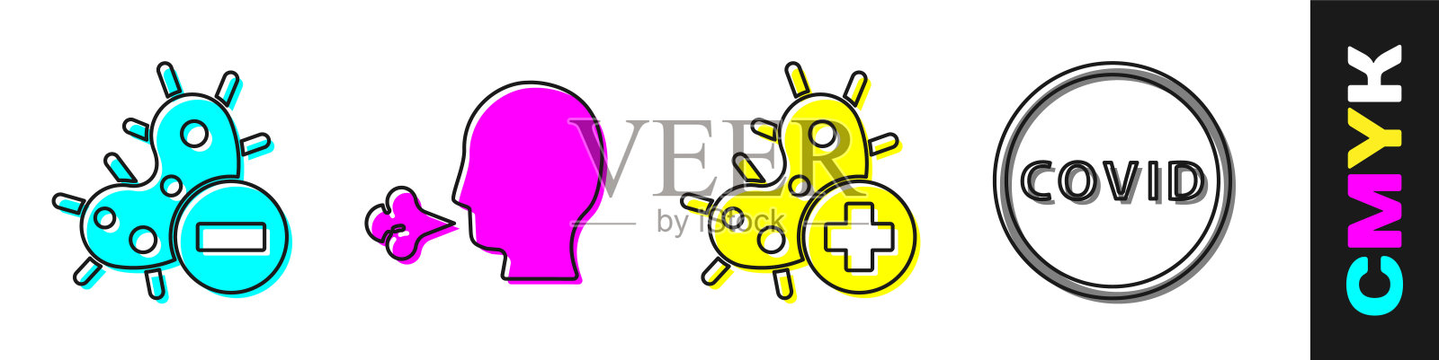 设置阴性病毒、男子咳嗽、阳性病毒和冠状病毒covid-19图标。向量图标素材