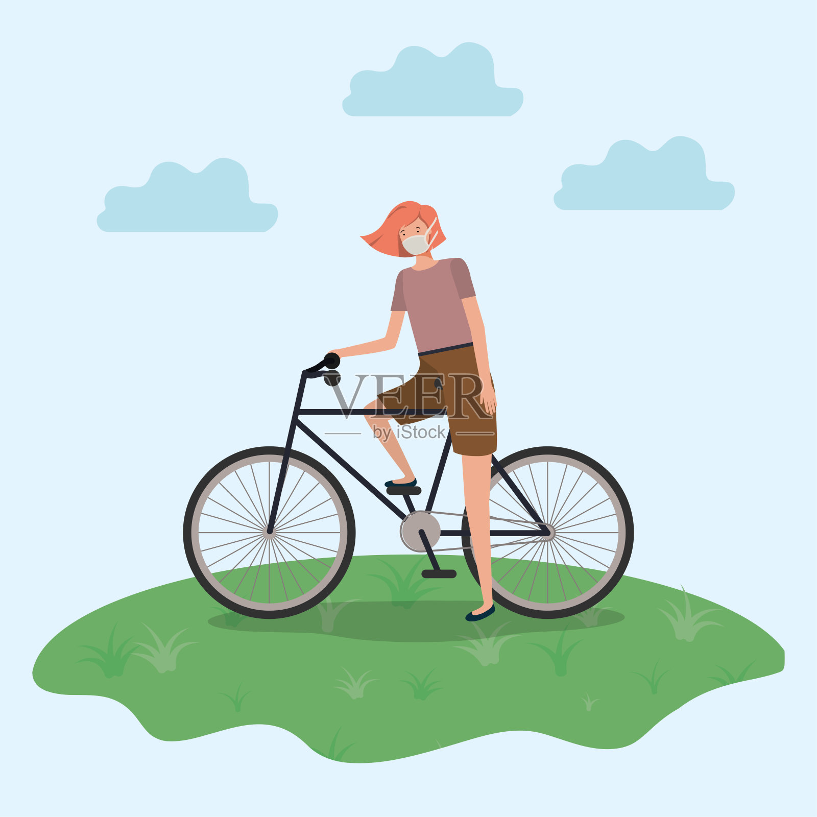 女孩与医疗口罩在自行车在公园矢量设计设计元素图片