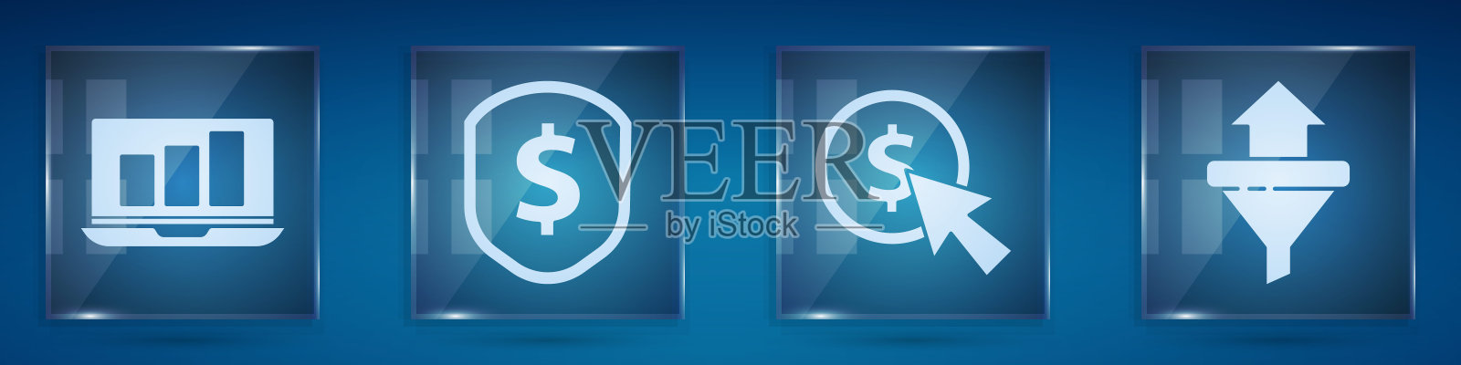 设置笔记本电脑与图表，盾牌与美元，光标和硬币和销售漏斗与箭头。方形玻璃面板。向量插画图片素材