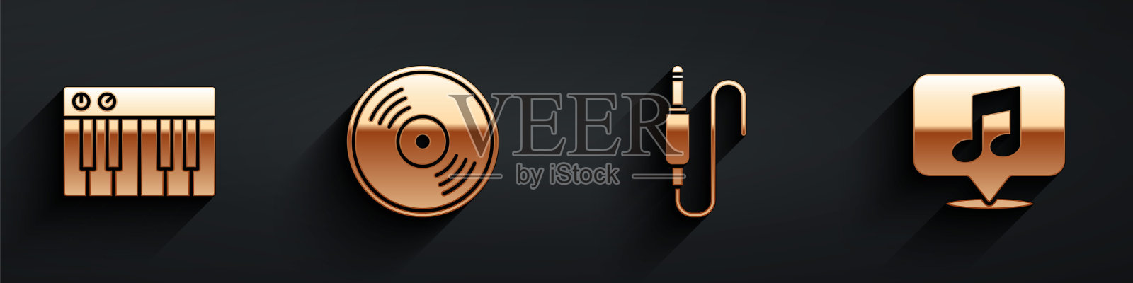 设置音乐合成器，黑胶唱片，音频插孔和音乐音符语音气泡图标与长阴影。向量插画图片素材