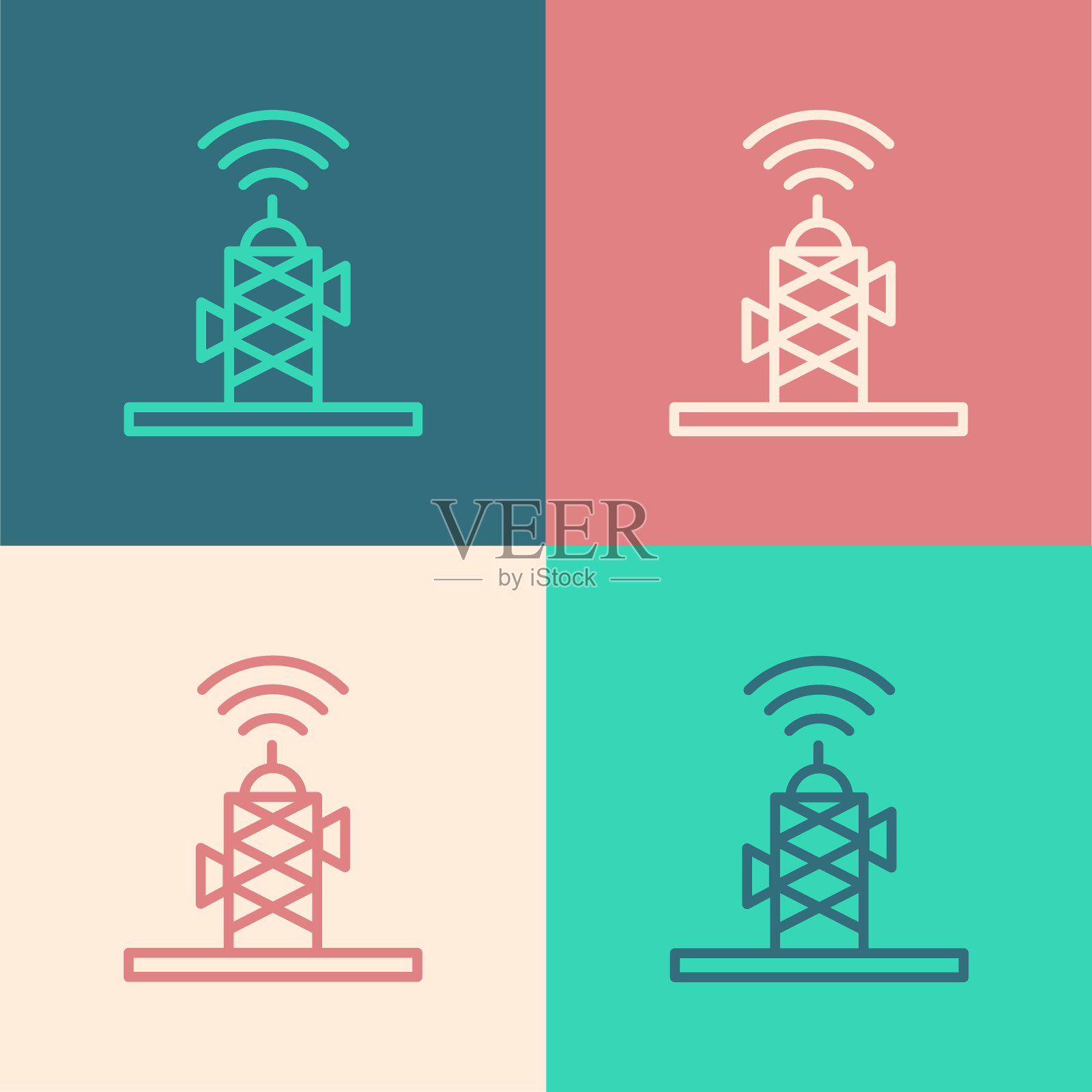 波普艺术线无线天线图标隔离在彩色背景。无线天线与网络信号技术。向量图标素材