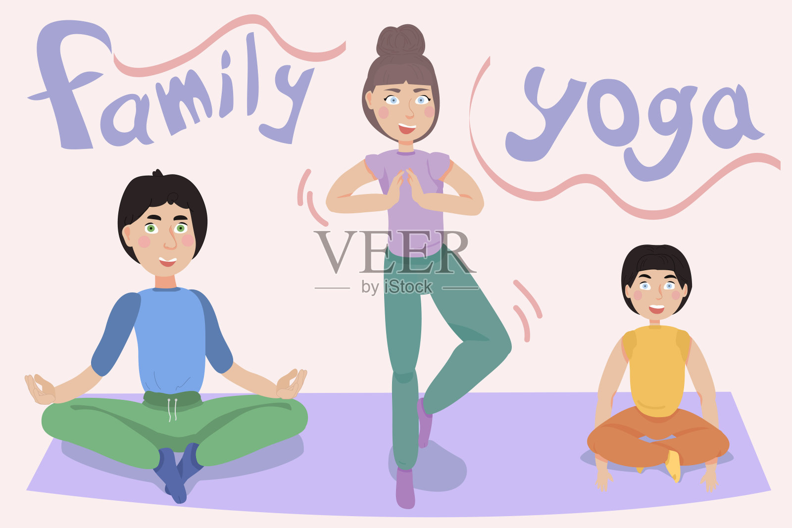 家庭瑜伽。全家健身班插画图片素材