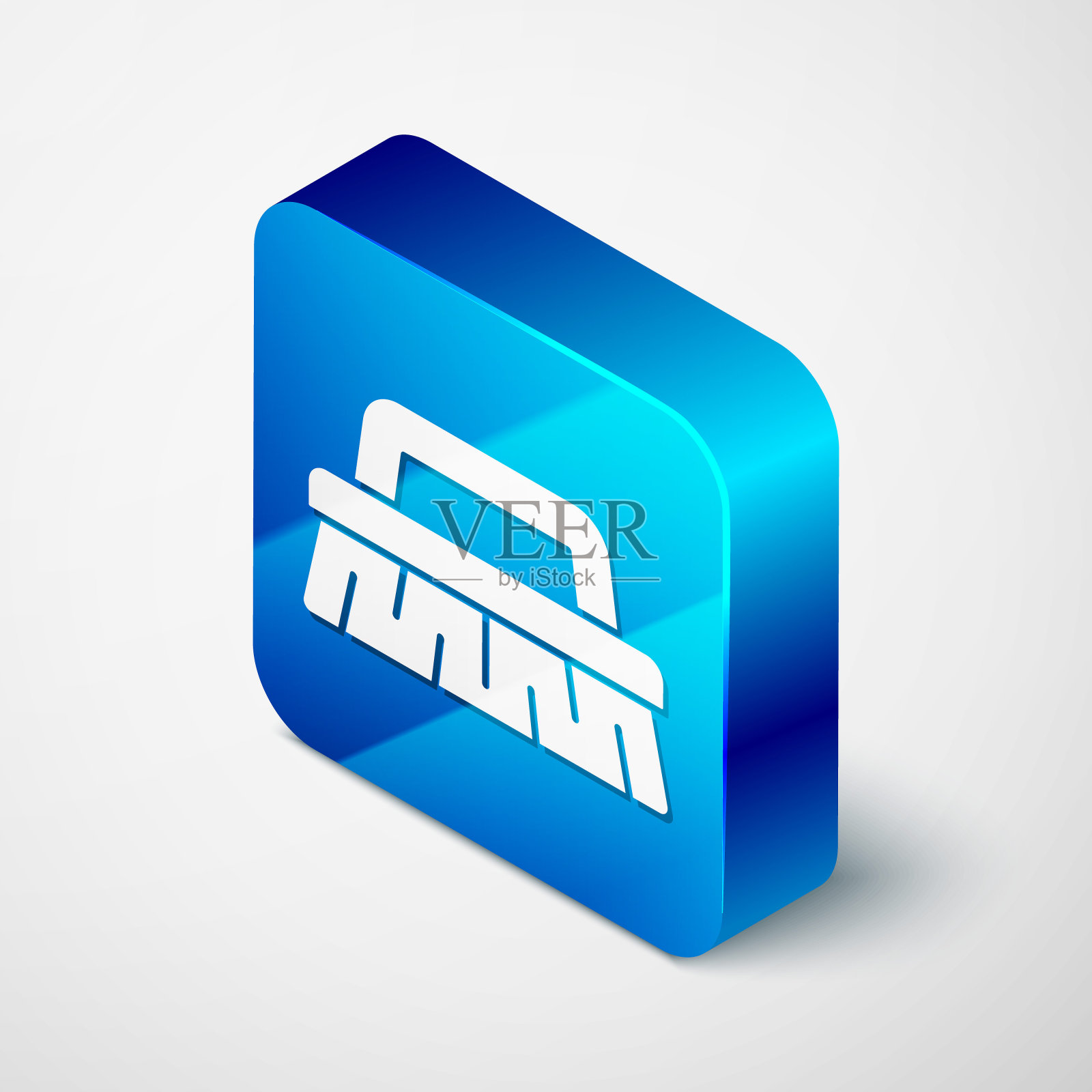 等距刷用于清除灰色背景上孤立的图标。清洁服务理念。蓝色方块按钮。矢量图插画图片素材