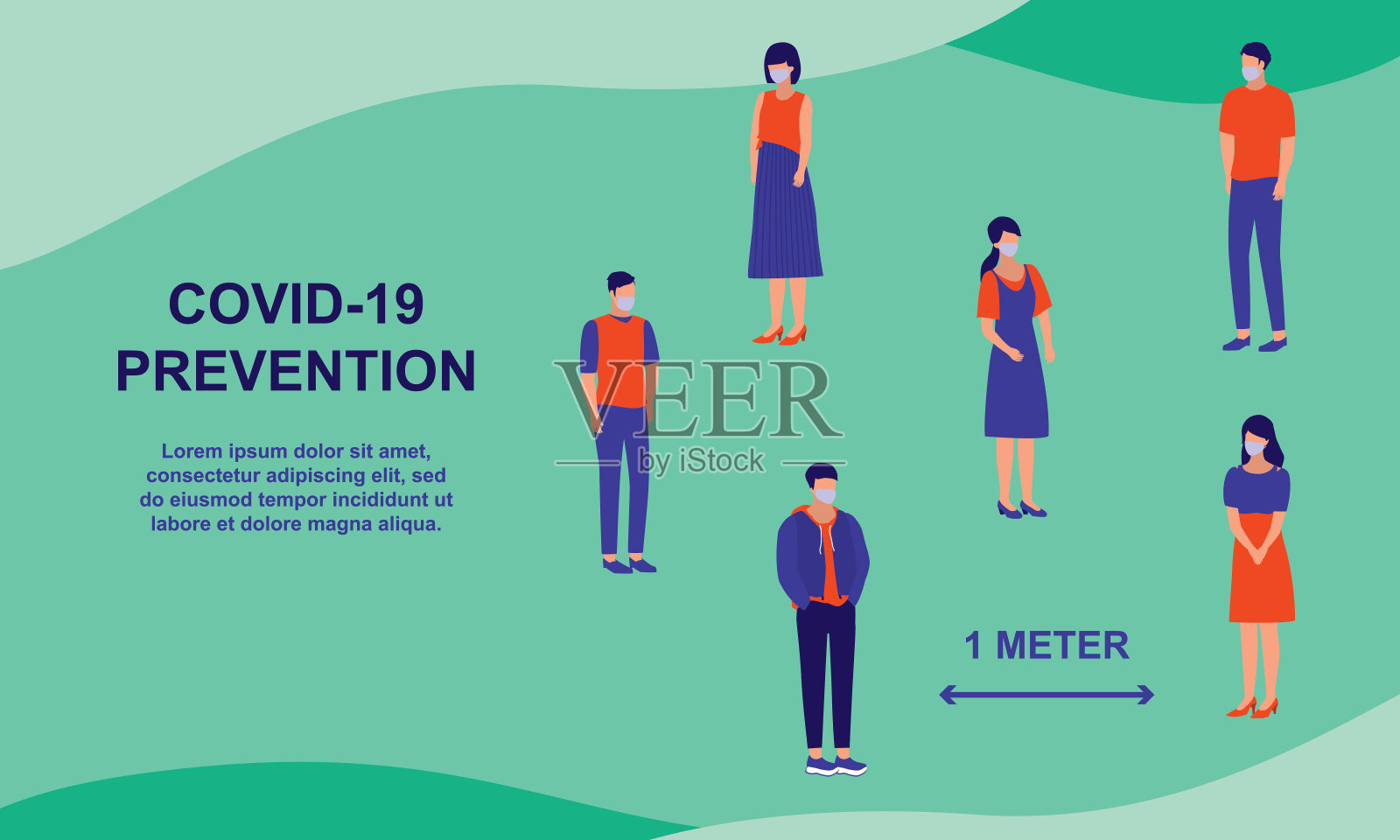 社交距离与冠状病毒预防。一群人，男女彼此保持1米的距离。COVID-19冠状病毒爆发预防概念。矢量平面卡通插图。设计模板素材