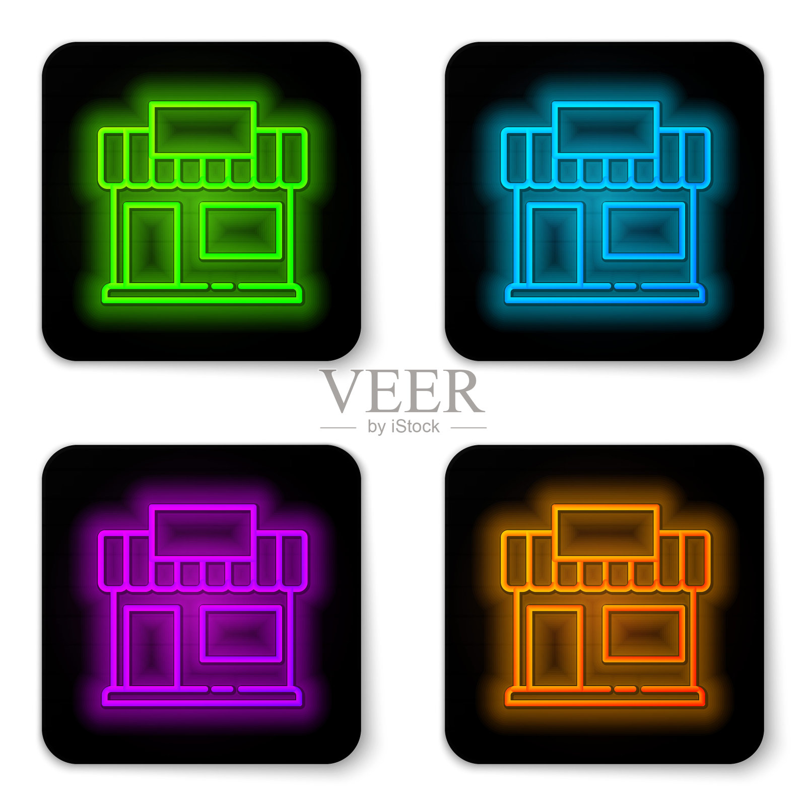 发光的霓虹灯线购物大楼或市场商店图标孤立在白色的背景。店建设。黑色方形按钮。矢量图图标素材