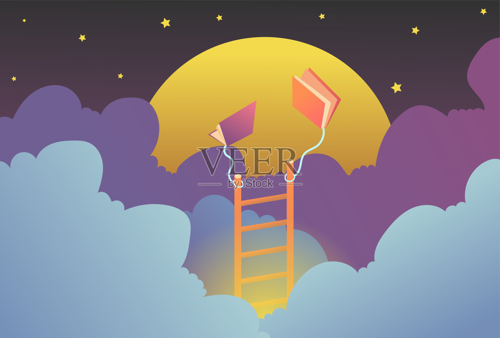 书飞行与梯子和月亮和云在夜空，成功的，教育，学习，矢量，插画家插画图片素材