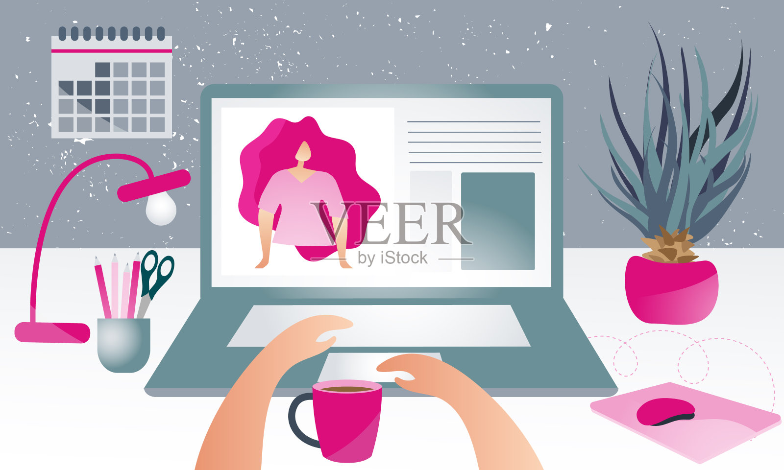 自由职业者在电脑上打字和视频通话。插画图片素材