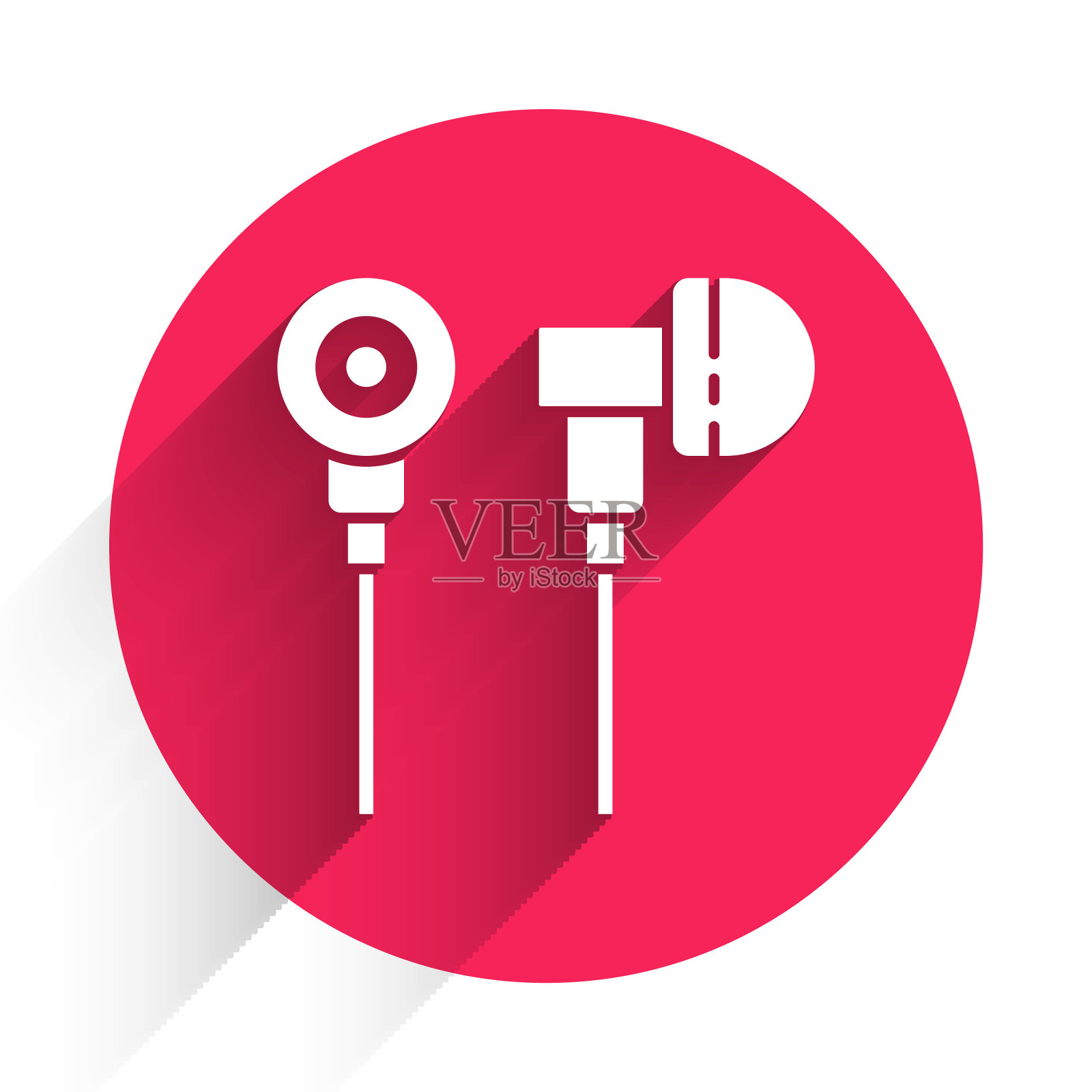 白色空气耳机图标图标孤立与长影子。Holder无线，以防耳机，装饰品，电子小玩意。红色圆圈按钮。矢量图插画图片素材