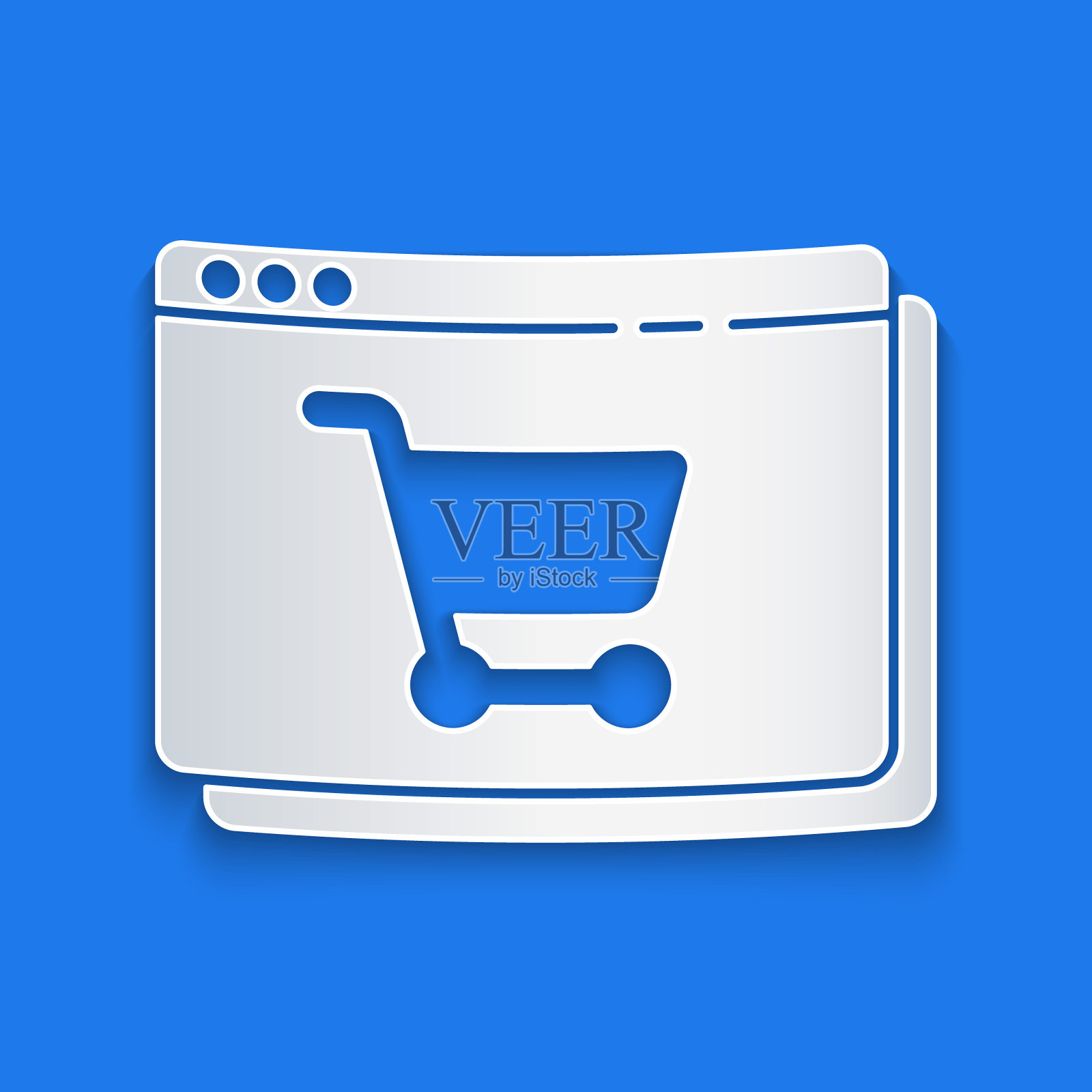 剪纸网上购物屏幕上的图标孤立在蓝色背景。概念电子商务、电子商务、网上商务营销。纸艺术风格。矢量图插画图片素材