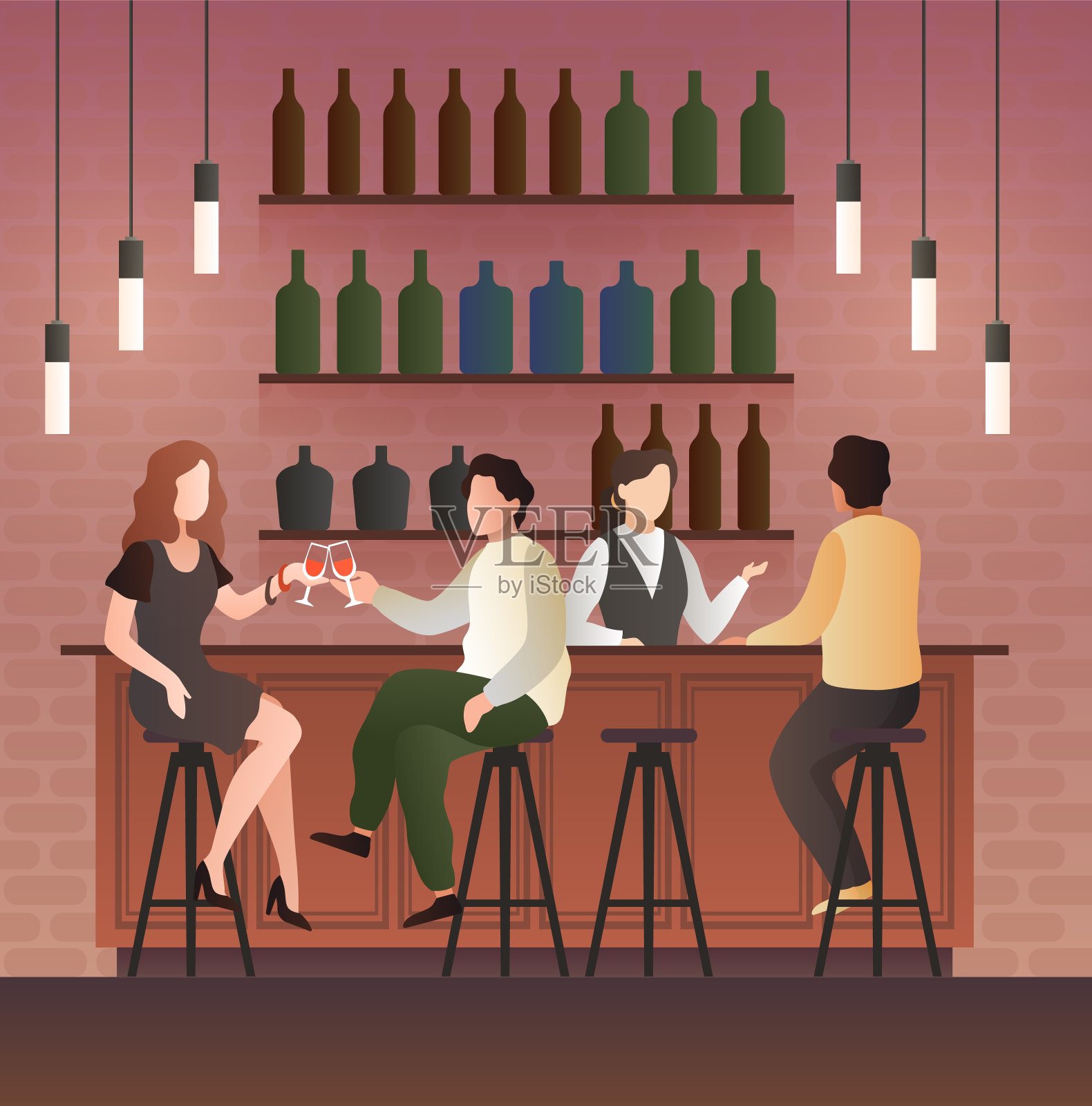 吧台。男人和女人约会在酒吧喝酒，人坐在酒吧喝葡萄酒，卡通平面矢量插图插画图片素材