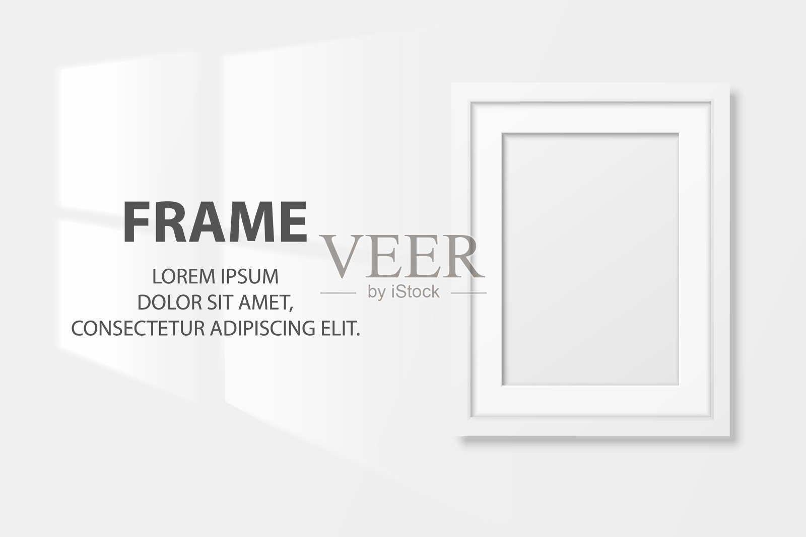 矢量3d现实白色A4木制简单的现代框架图标特写孤立的白色墙壁背景与窗光。它可以用于演示。设计模板，模型，前视图插画图片素材