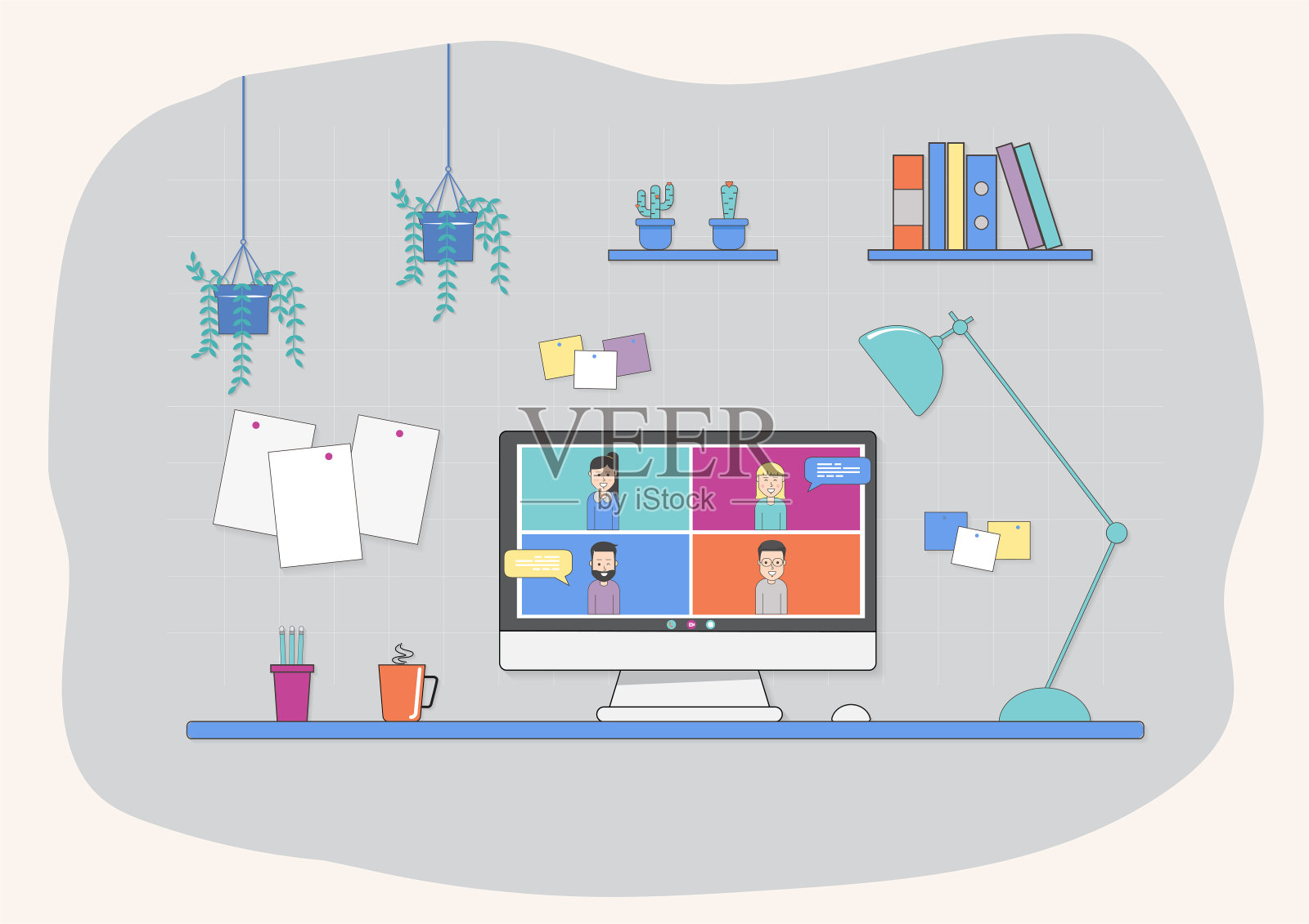 视频会议说明。工作场所，笔记本电脑屏幕，一群人在网上聊天。流插画图片素材