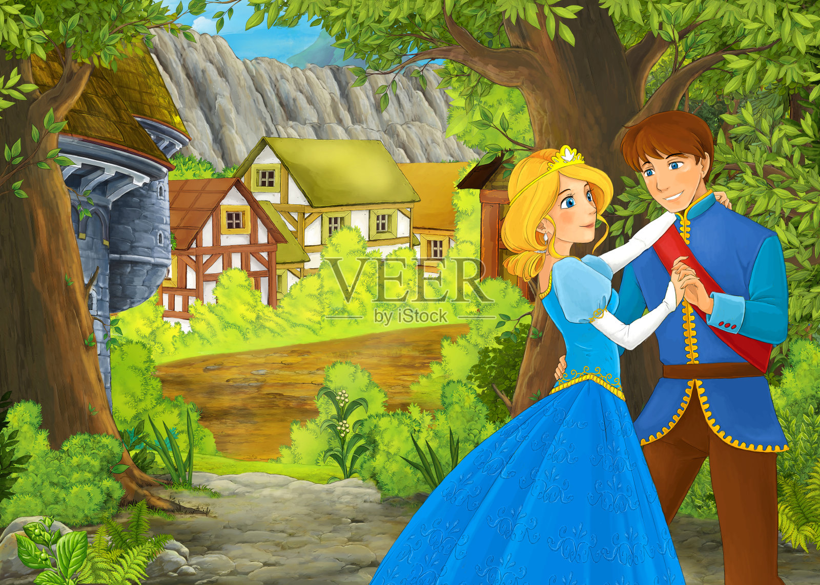 卡通自然景观与美丽的城堡与王子和公主插图插画图片素材