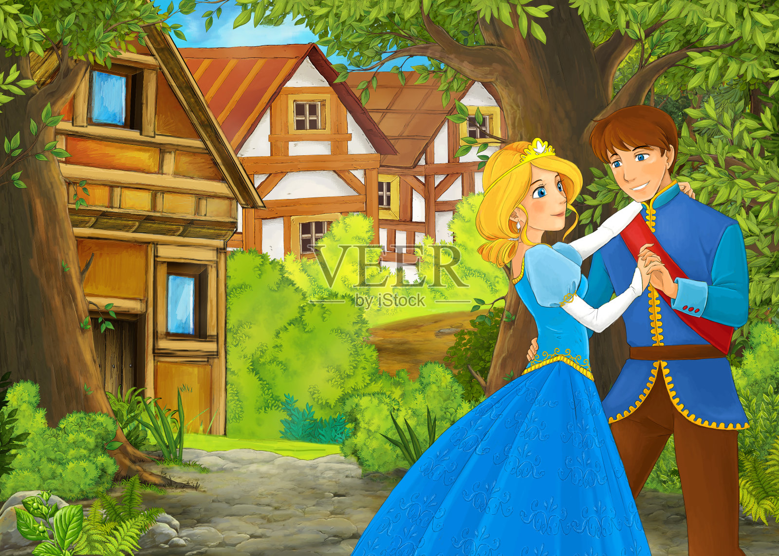 卡通自然景观与美丽的城堡与王子和公主插图插画图片素材