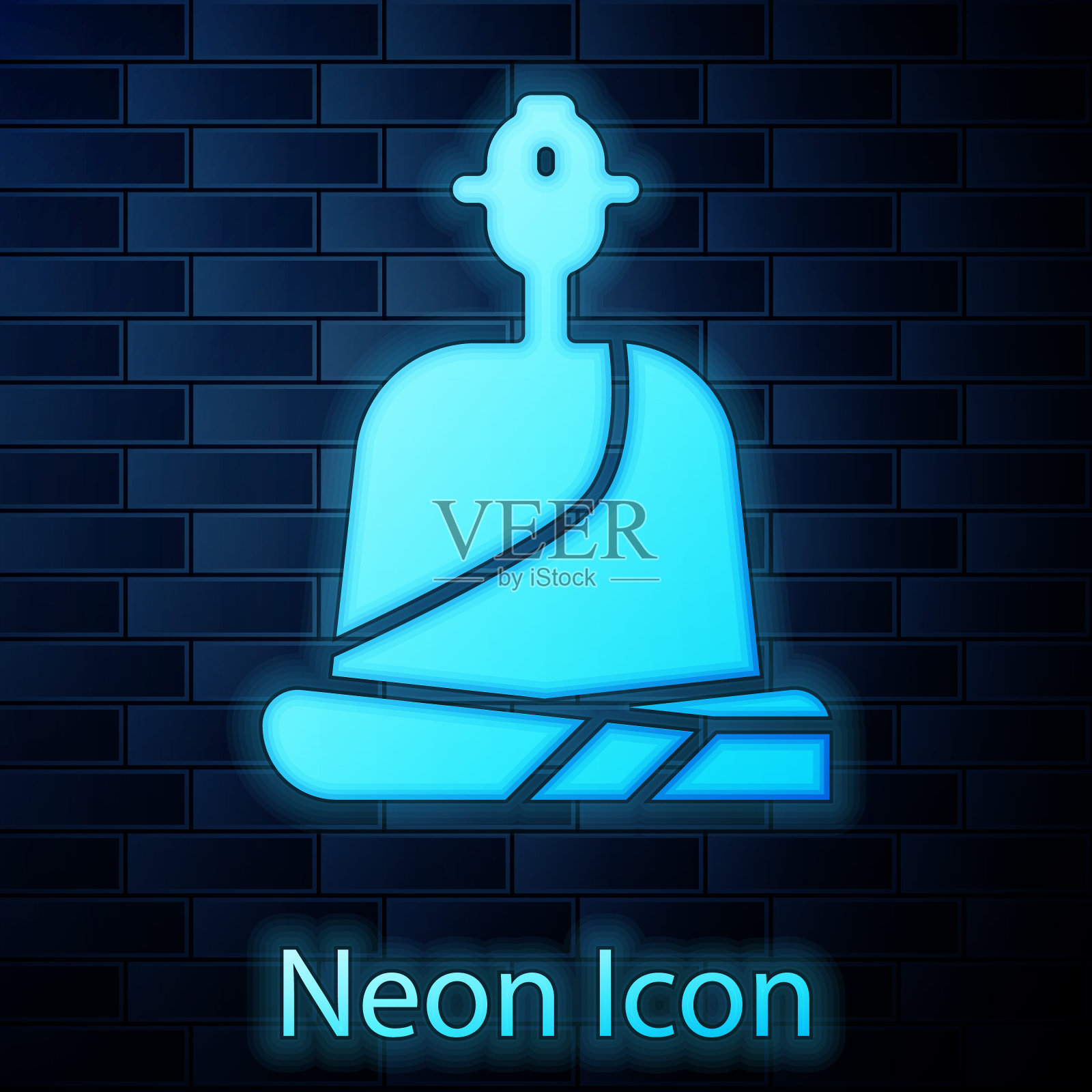 发光的霓虹和尚坐在禅坐的长袍图标孤立在砖墙的背景。矢量图插画图片素材