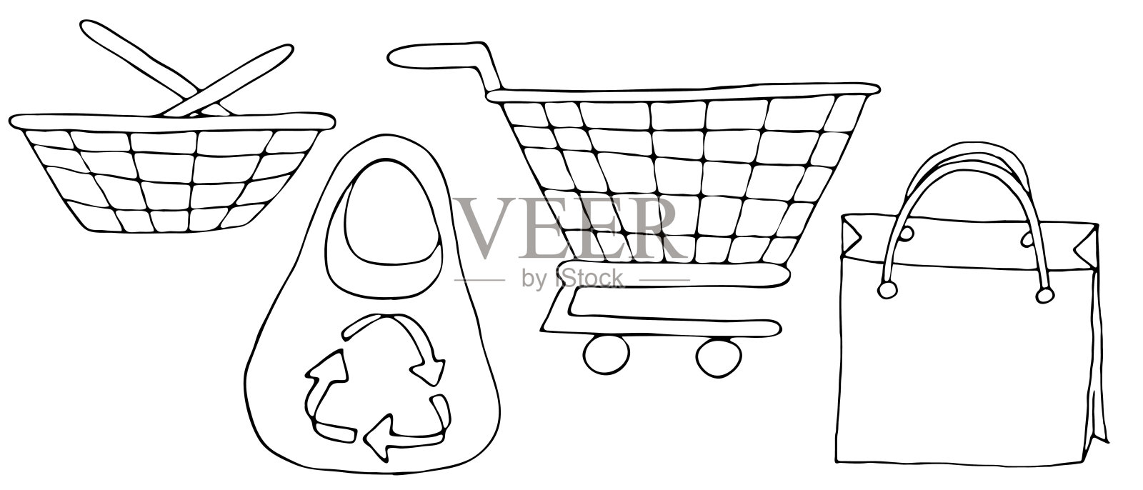 篮子，购物车，购物袋和袋子，矢量涂鸦风格元素设计元素图片