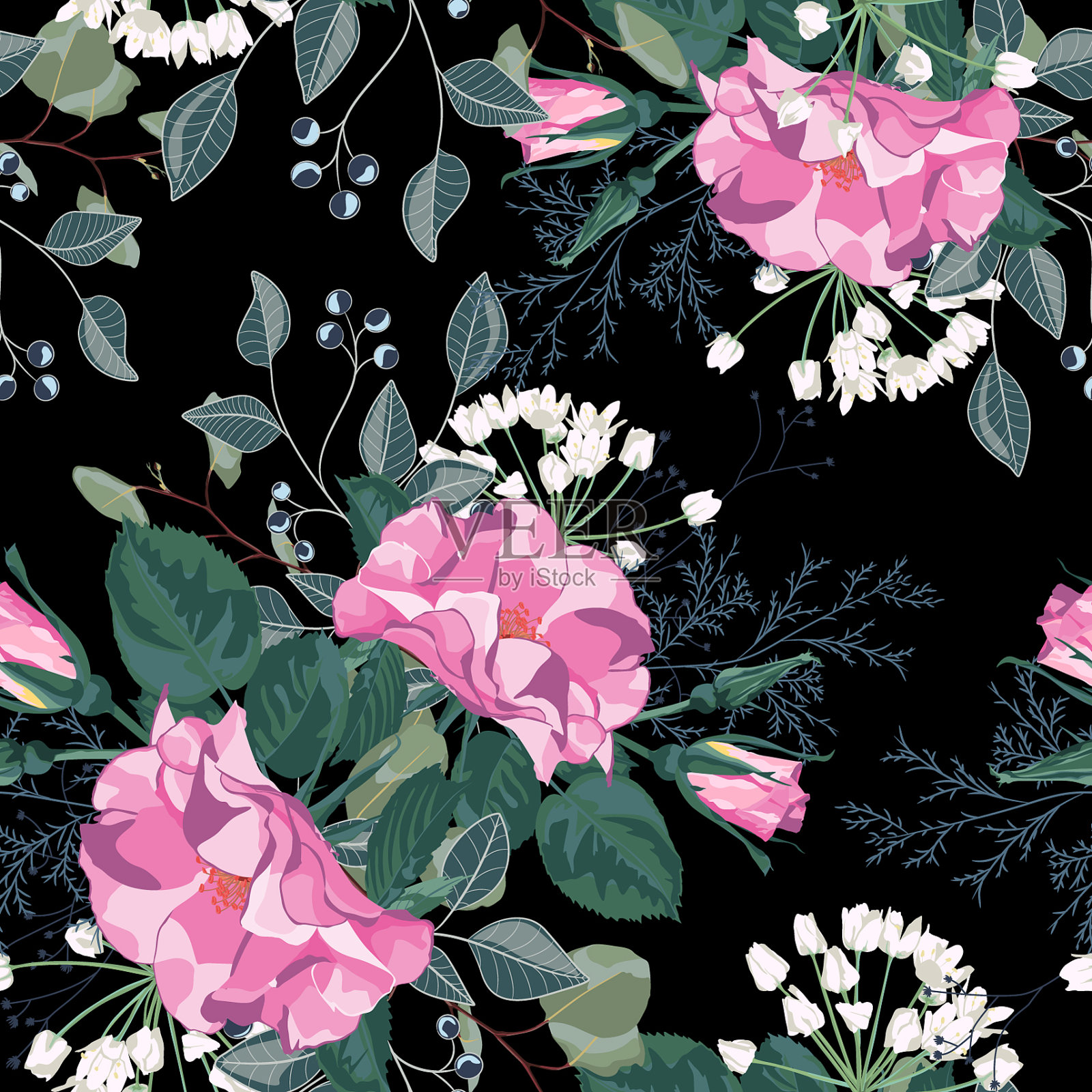 花卉无缝模式与花园玫瑰插画图片素材