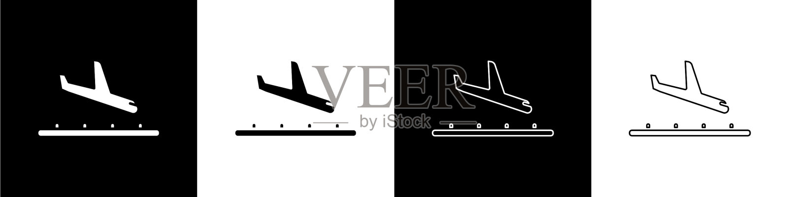 设置飞机降落图标隔离在黑色和白色插画图片素材