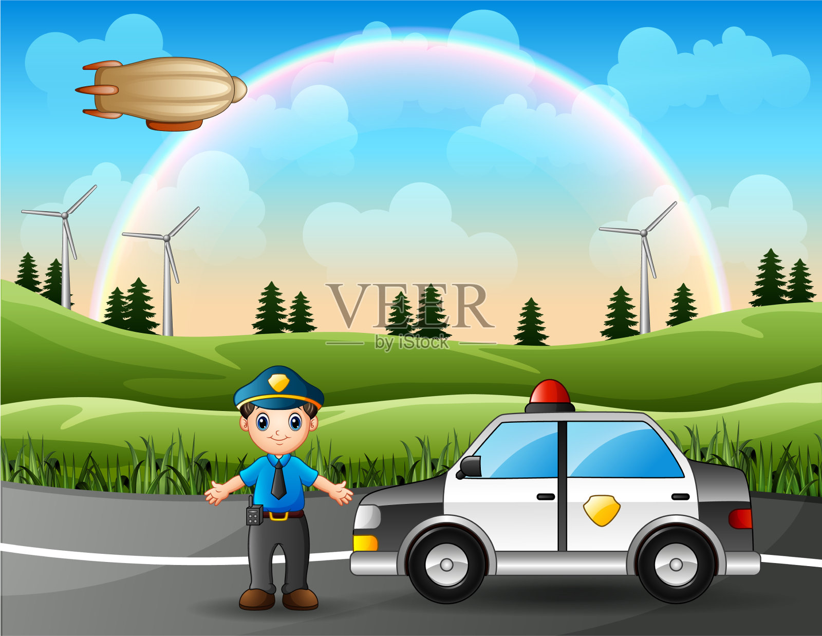 警察与警车在自然背景插画图片素材