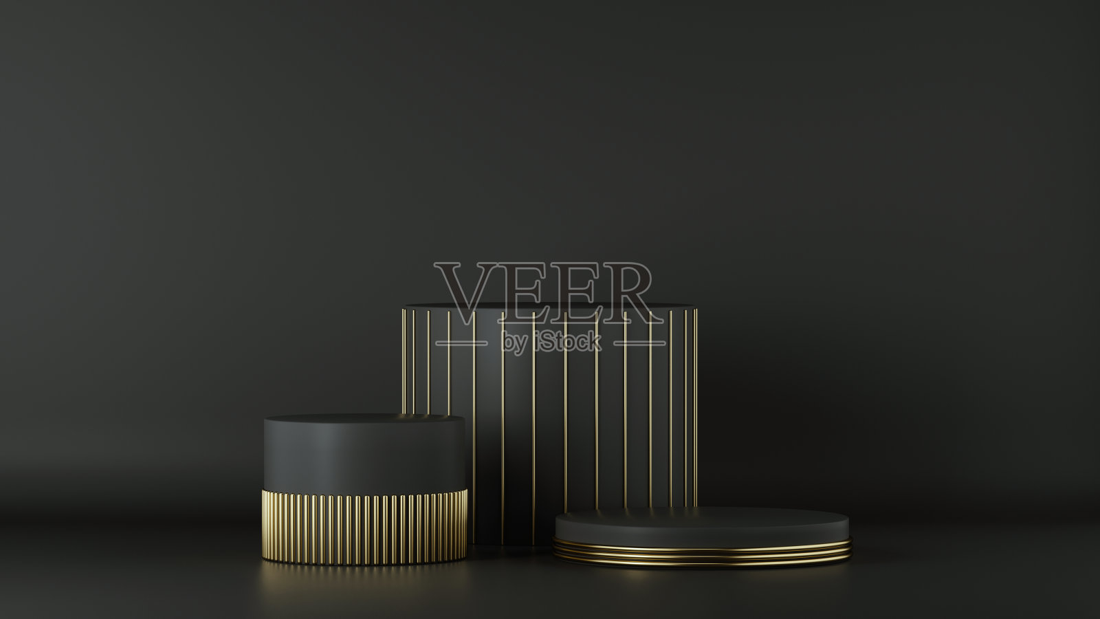 3d渲染，极简的黑色黄金背景。空缸台、空台座、圆台、陈列架、产品展示台、平台。抽象的建筑元素。副本的空间。高档的设计照片摄影图片