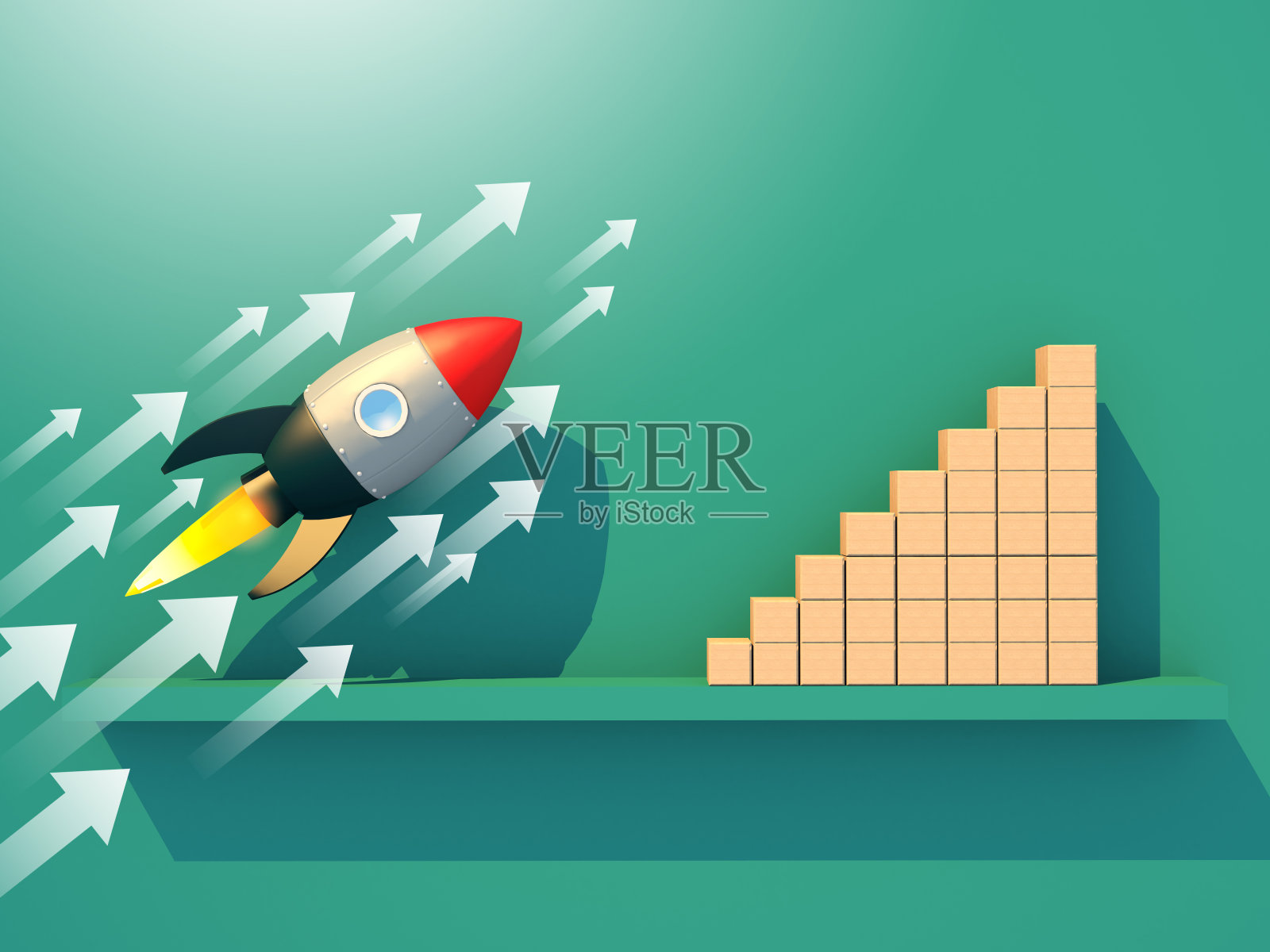 3D插图商业创业成功领导的想法概念发射火箭与白色的ditection箭头和堆叠的木块在绿色的纸背景照片摄影图片