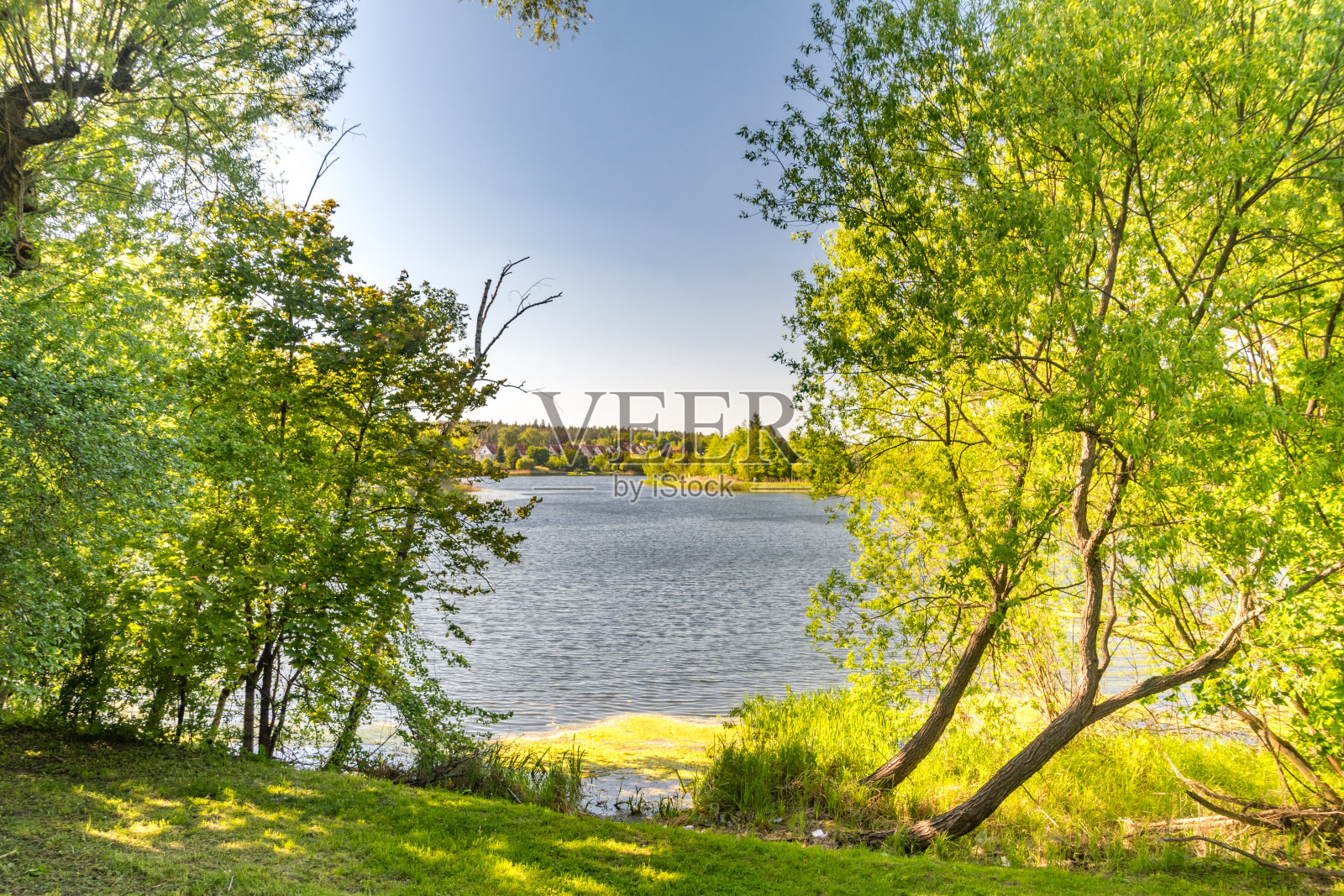 波兰奥尔斯丁的德卢吉湖。照片摄影图片
