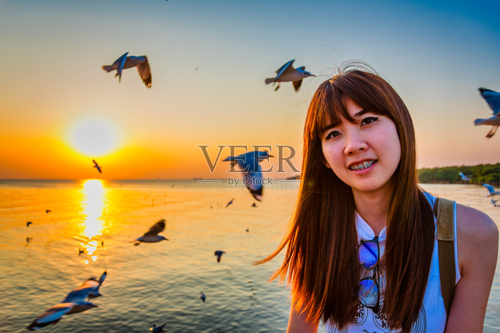 泰国邦浦，亚洲女游客微笑着放松地坐在桥上，旁边是海鸥。照片摄影图片