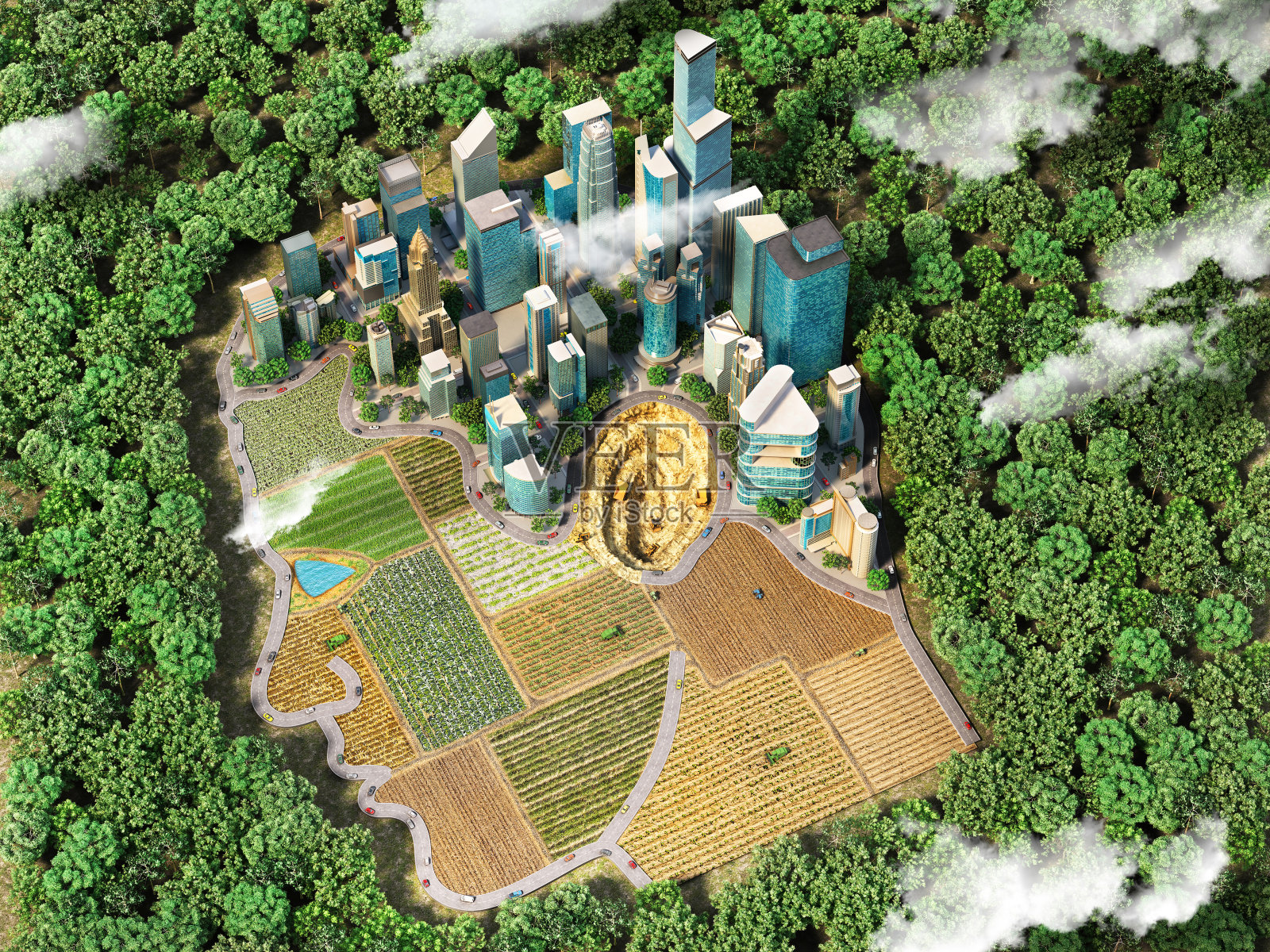 人类干预自然的概念。城市和田野是人脑的一部分。三维演示照片摄影图片